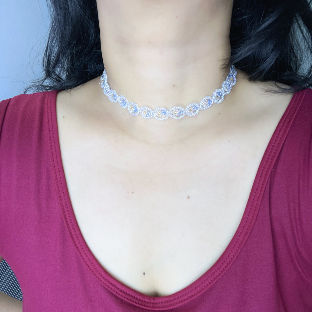 Handmade White Silver Floral Circle Beaded Choker Necklace | Lace Daisy Chain Bridal Collar
