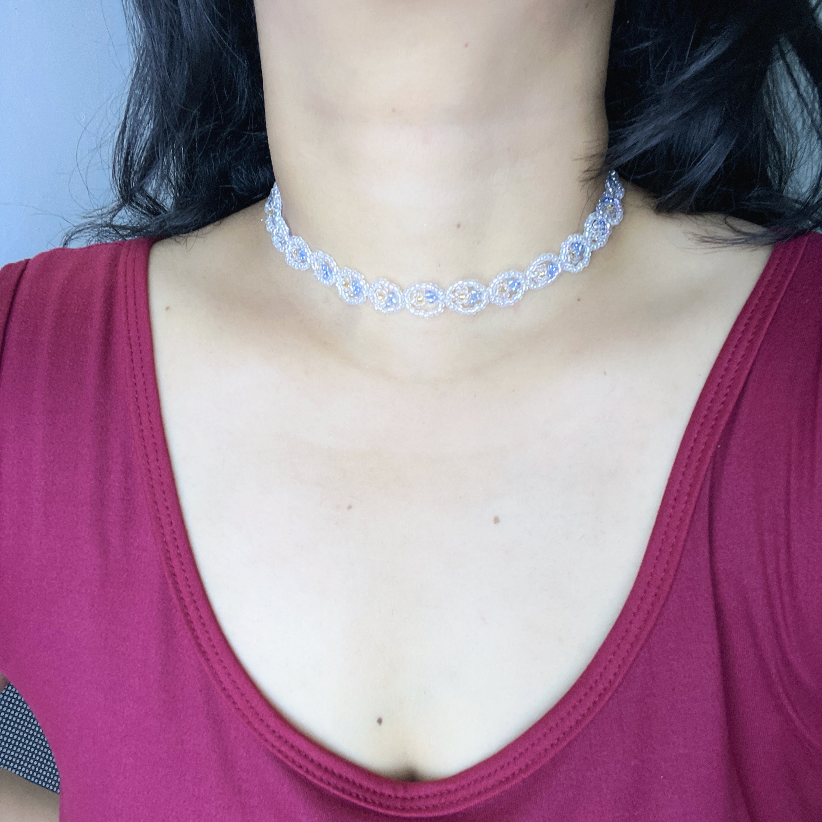 Handmade White Silver Floral Circle Beaded Choker Necklace | Lace Daisy Chain Bridal Collar
