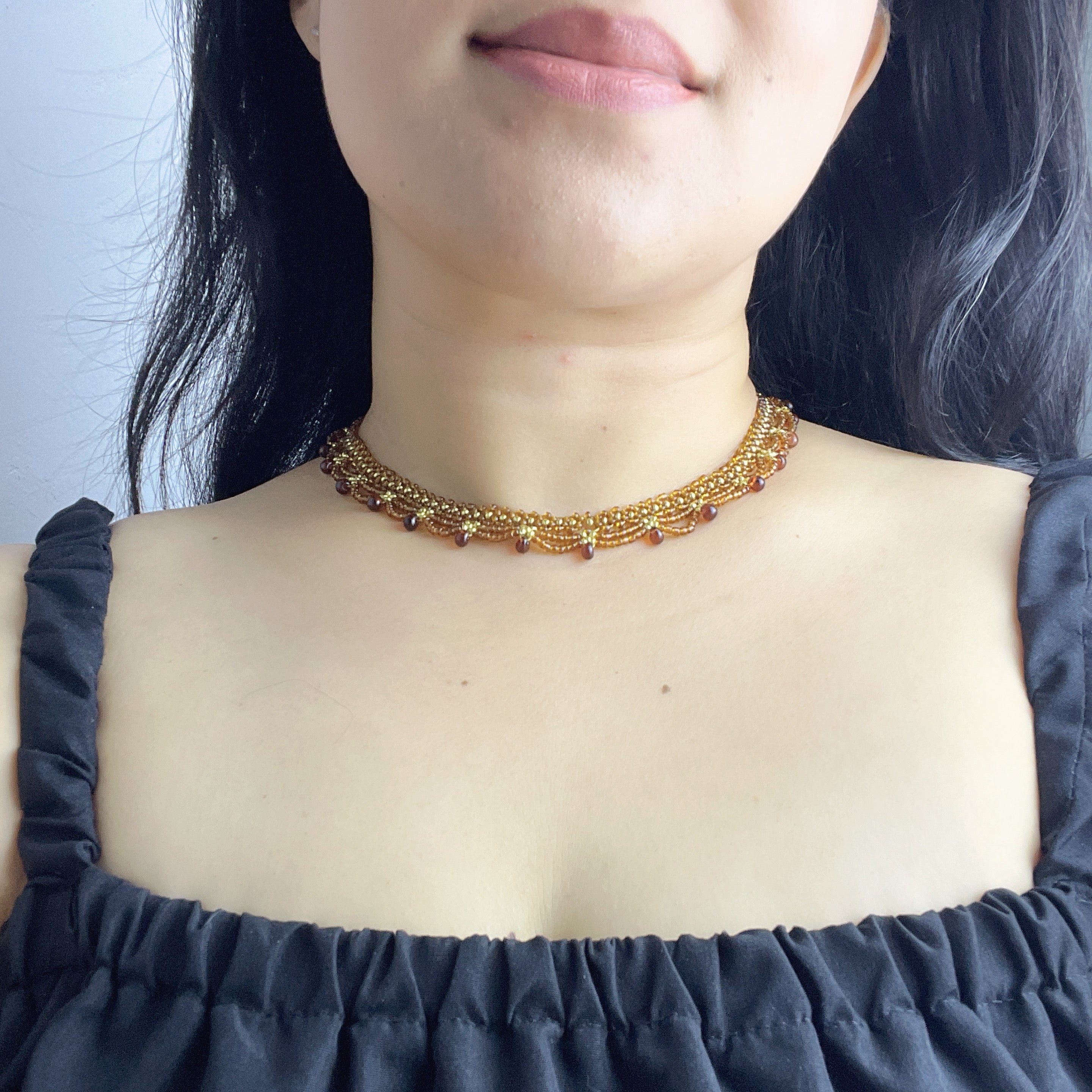 Handmade Gold & Brown Multi-Layer Wave Lace Beaded Choker Necklace | Brown Bead Drop Fringe Vintage Luxe Collar