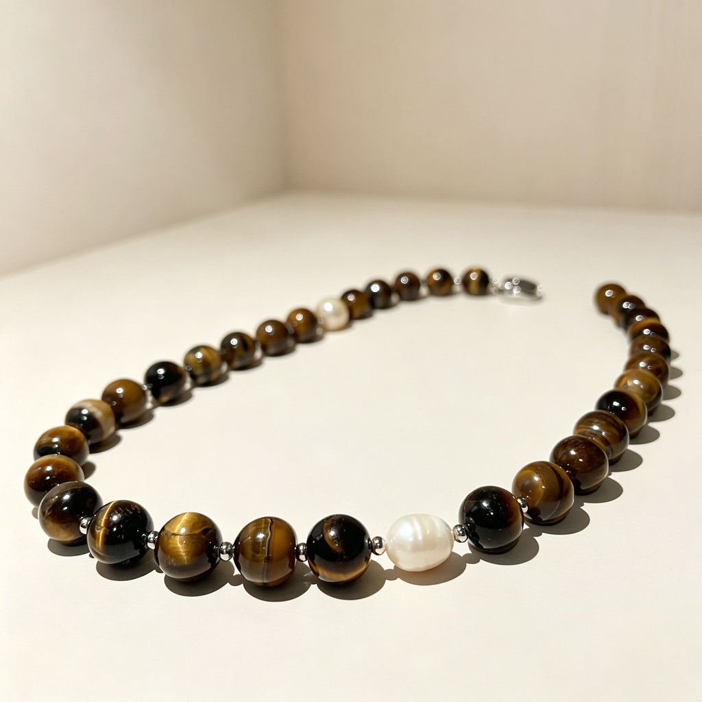 Handmade Tiger Eye Baroque Pearl Statement Necklace | Natural Stone Jewelry