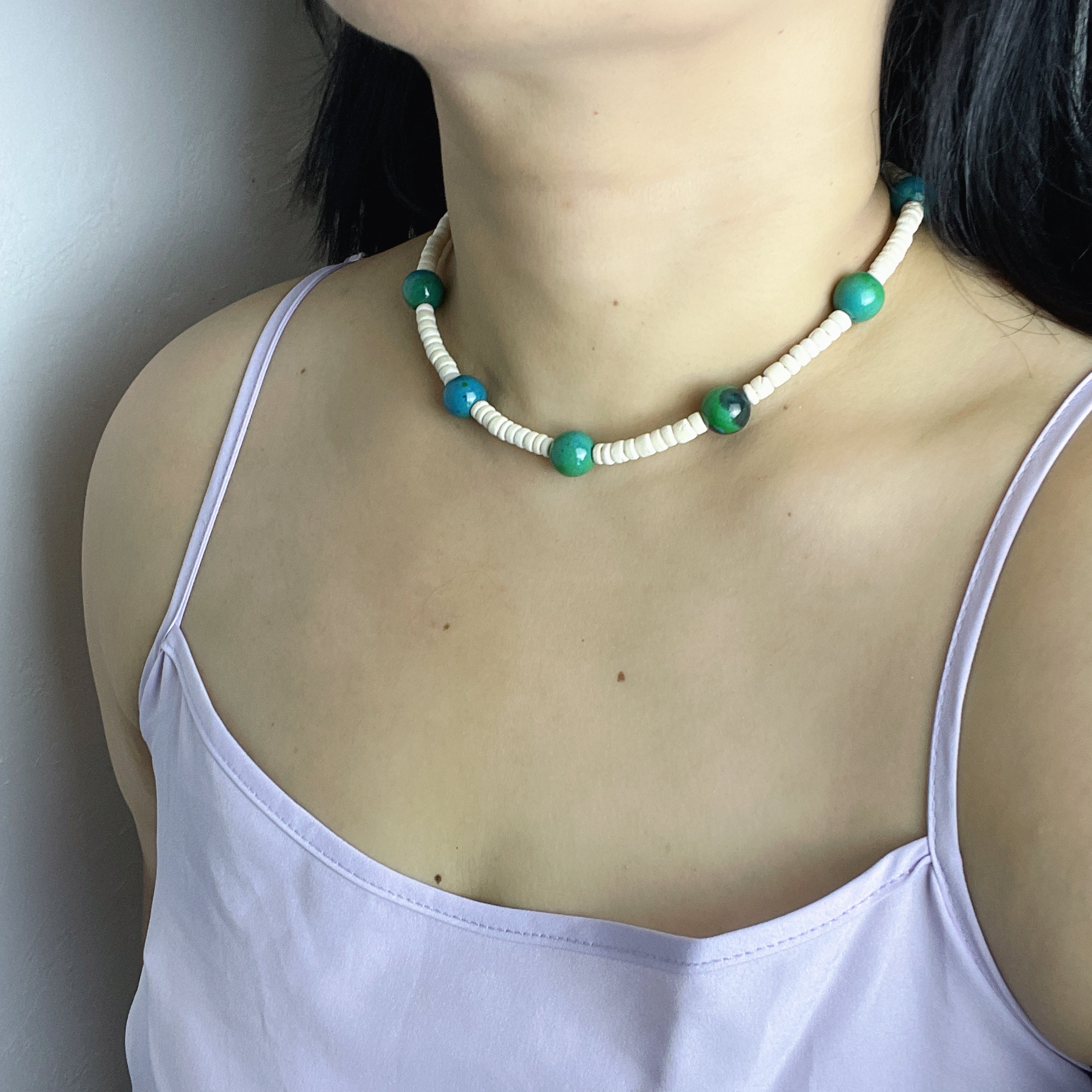 Handmade White Shell Heishi & Green Agate Choker Necklace | Blue Bead Tropical Beach Boho Collar