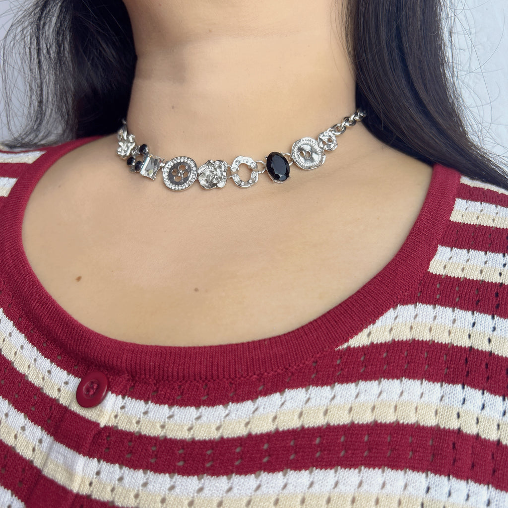 Handmade Silver Mixed Charm Choker Necklace | Y2K Punk Crystal Statement Collar