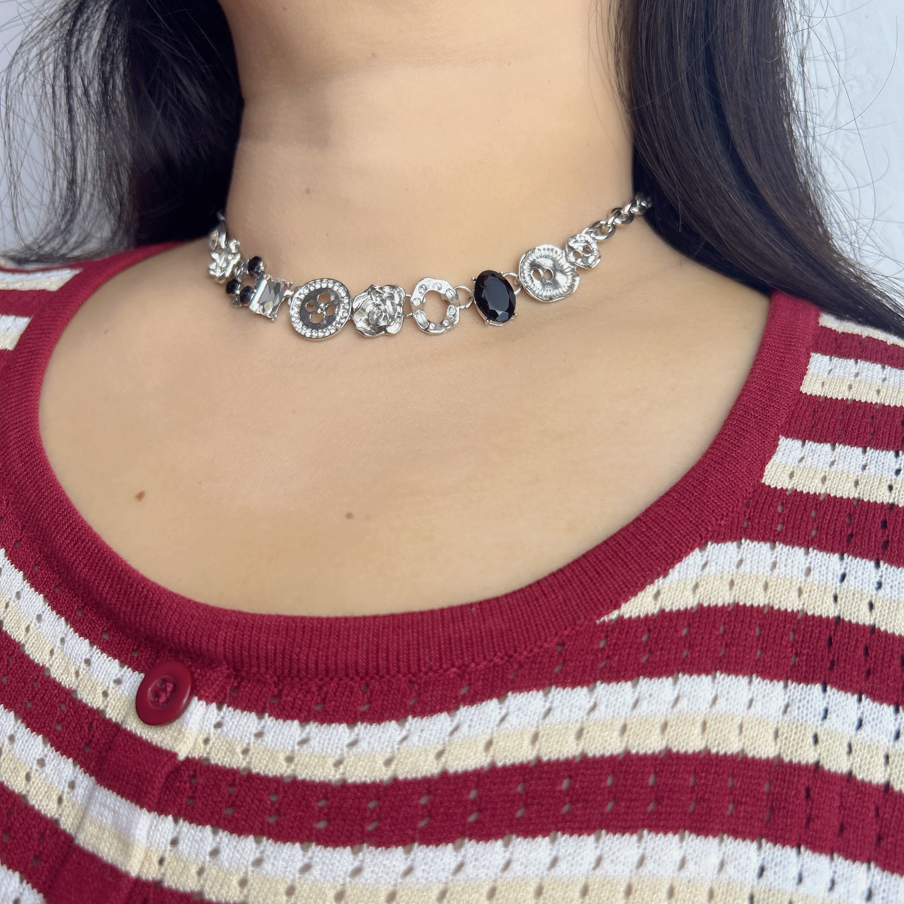 Handmade Silver Mixed Charm Choker Necklace | Y2K Punk Crystal Statement Collar