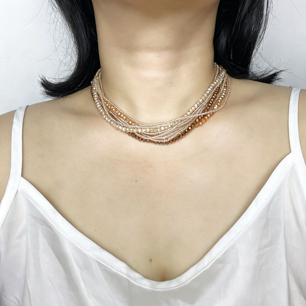 Handmade Multi-Strand Gold Crystal Twisted Choker Necklace | Champagne Layered Statement Collar