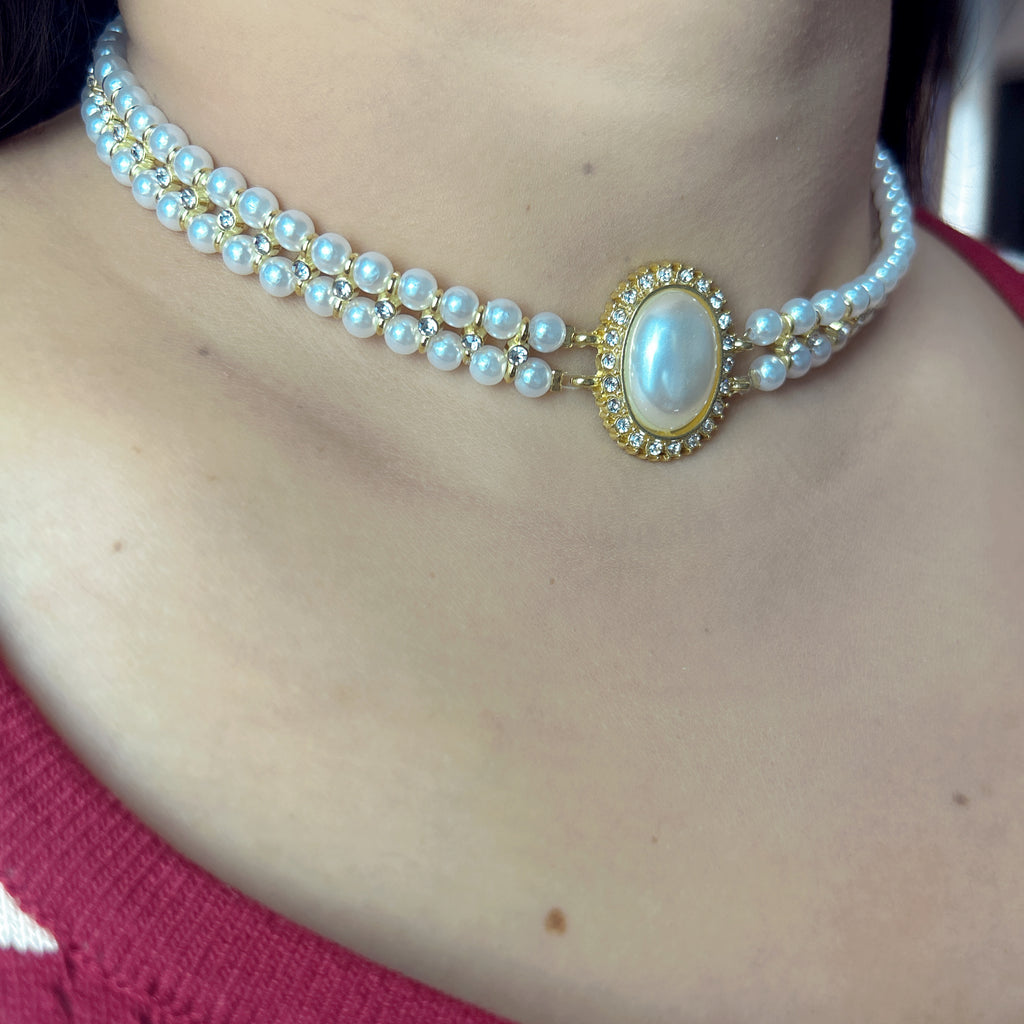 Handmade Double Layer Pearl Choker Necklace | Gold Oval Rhinestone Clasp