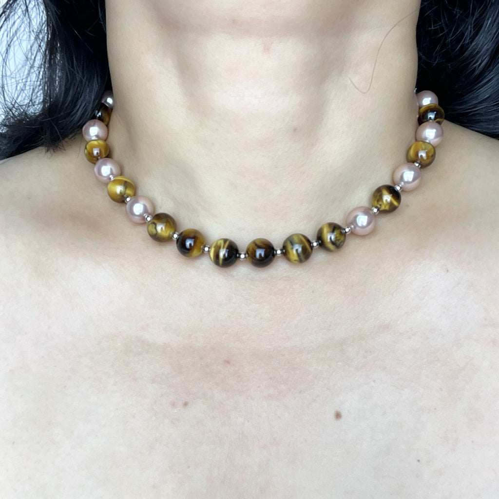 Handmade Tiger Eye & Pink Freshwater Pearl Choker Necklace | Natural Stone Gold Spacer