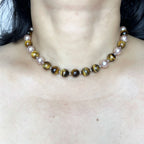 Handmade Tiger Eye & Pink Freshwater Pearl Choker Necklace | Natural Stone Gold Spacer