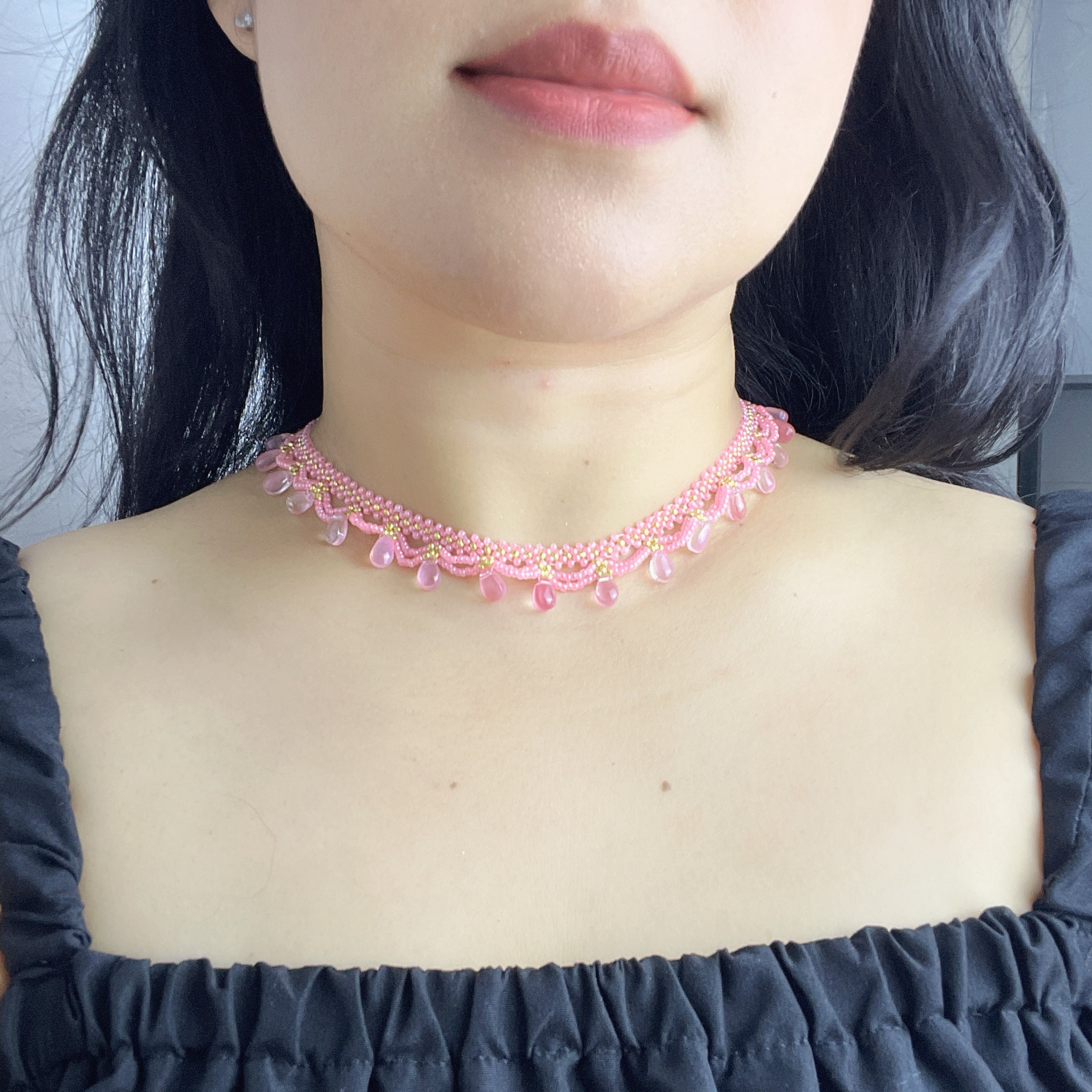 Handmade Pink & Gold Wave Lace Beaded Choker Necklace | Pink Crystal Teardrop Drop Fringe Y2K Princess Collar