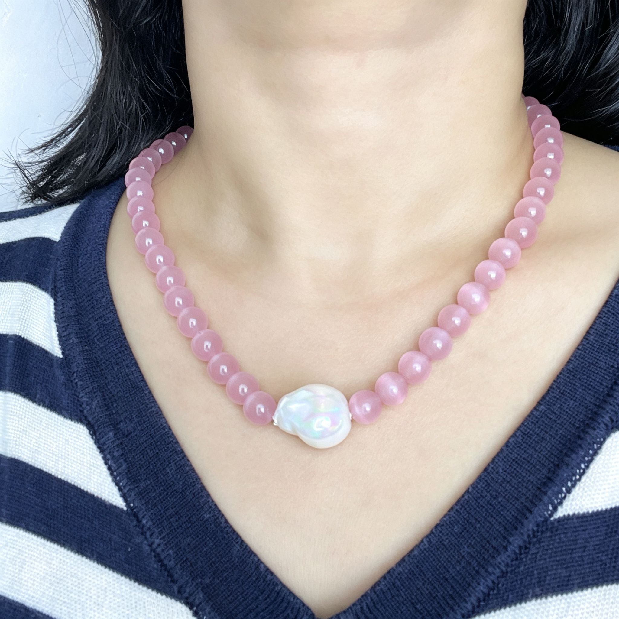 Handmade Pink Cat Eye Stone Bead Choker Necklace | Baroque Pearl Accent