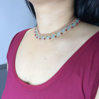 Handmade Rose Gold & Sky Blue Scallop Beaded Choker Necklace | Red Bead Drop Boho Wide Collar