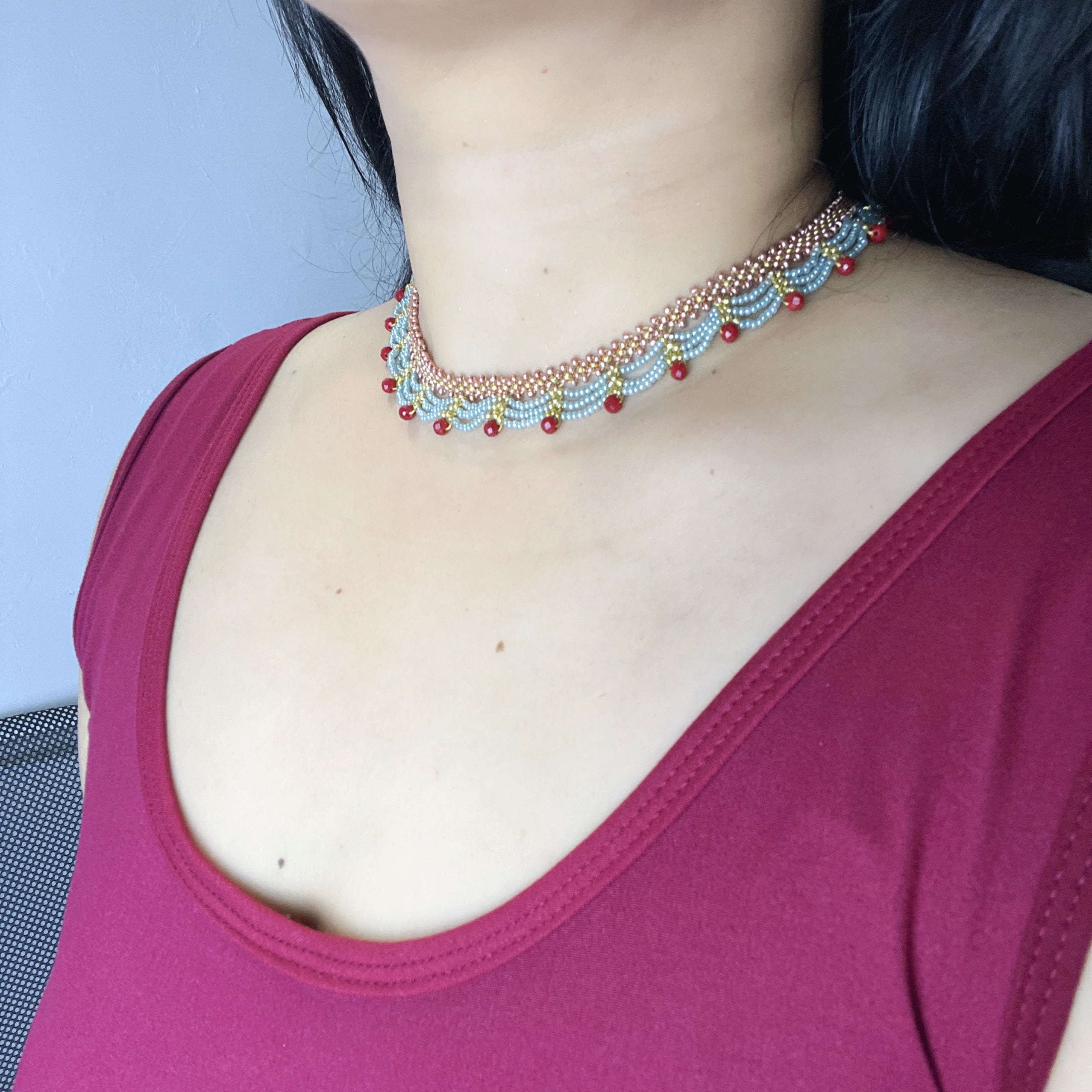 Handmade Rose Gold & Sky Blue Scallop Beaded Choker Necklace | Red Bead Drop Boho Wide Collar