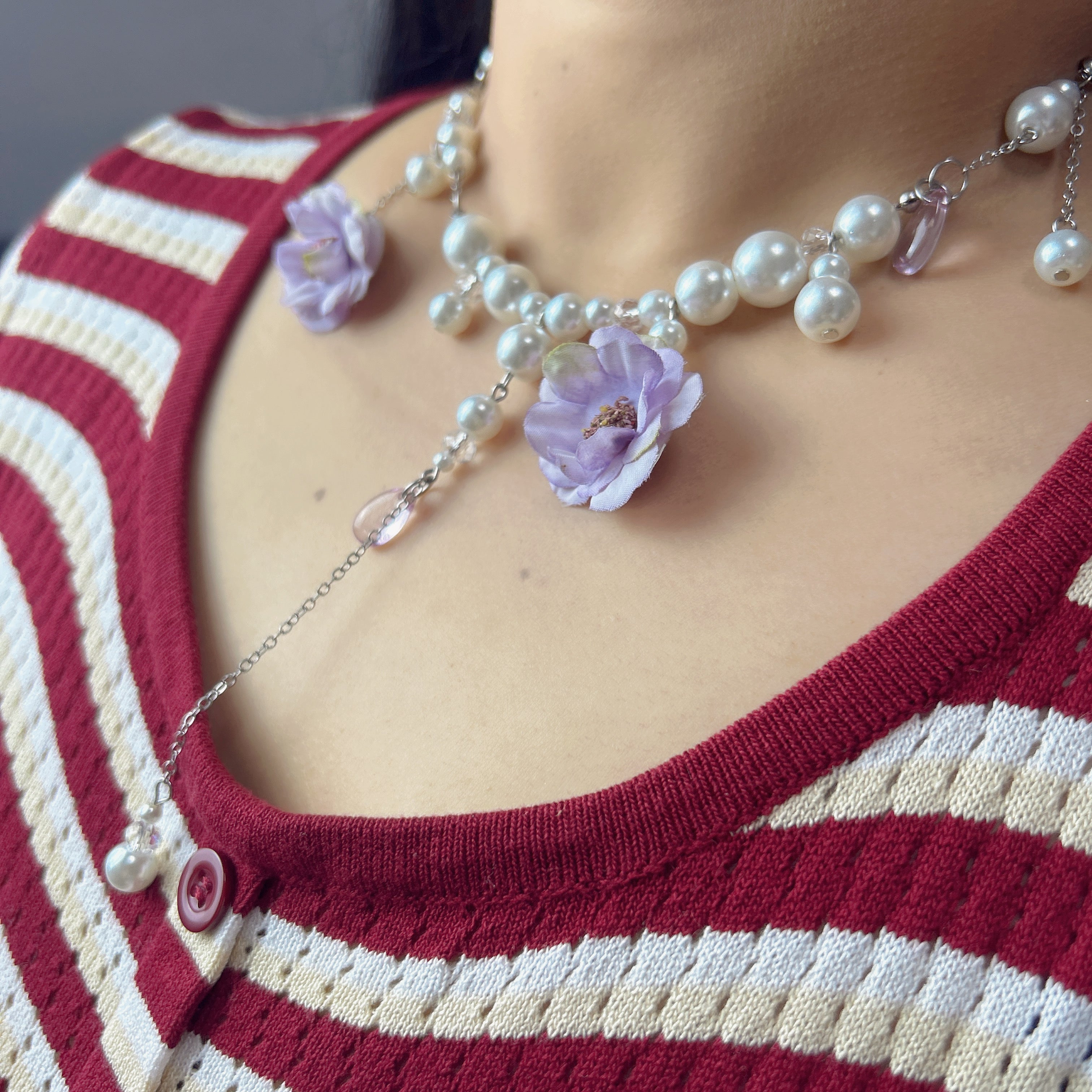 Handmade Lavender Flower Pearl Chain Necklace | Y2K Floral Drop Pendant