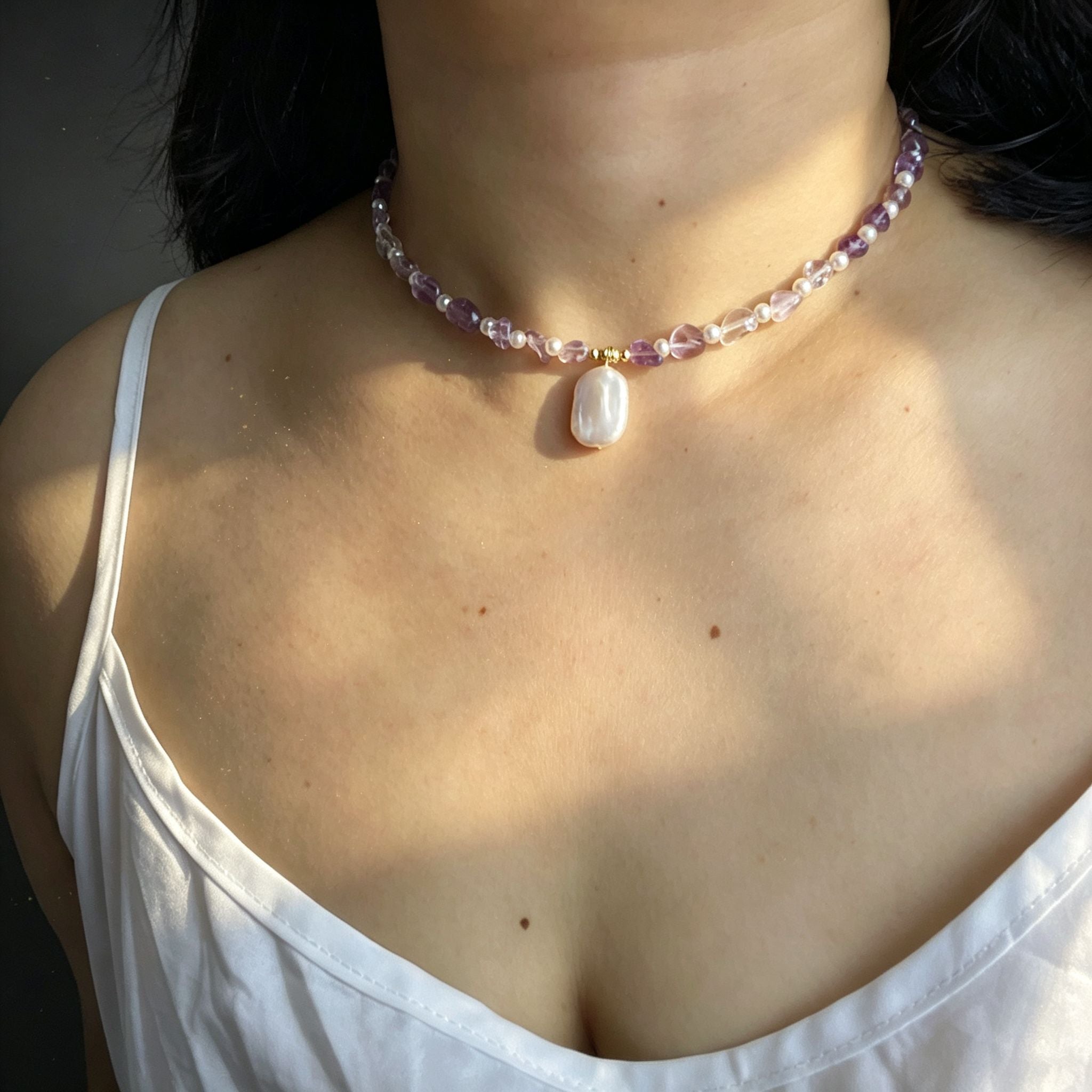 Handmade Amethyst & Citrine Crystal Baroque Pearl Beaded Necklace | Purple Yellow Natural Stone Luxe
