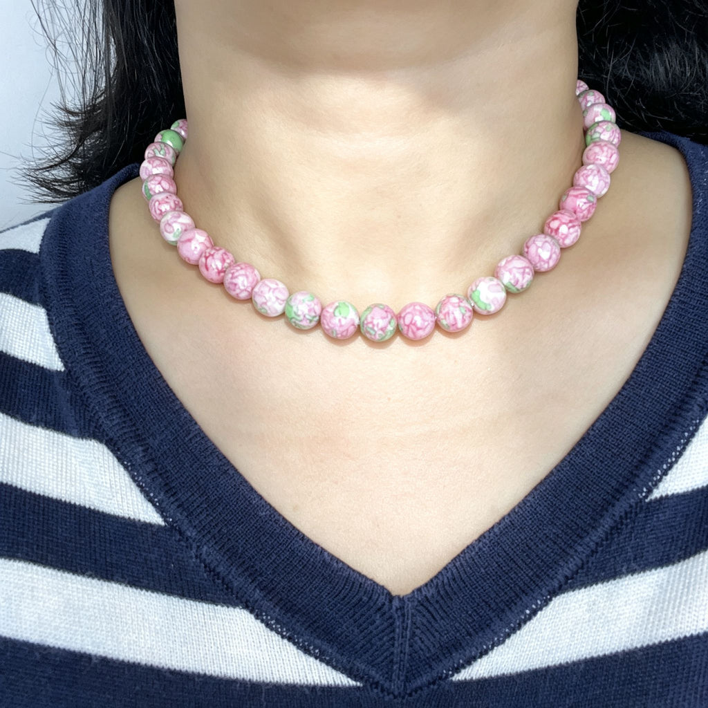 Handmade Pink Floral Ceramic Bead Choker Necklace | Cottagecore Enamel Jewelry