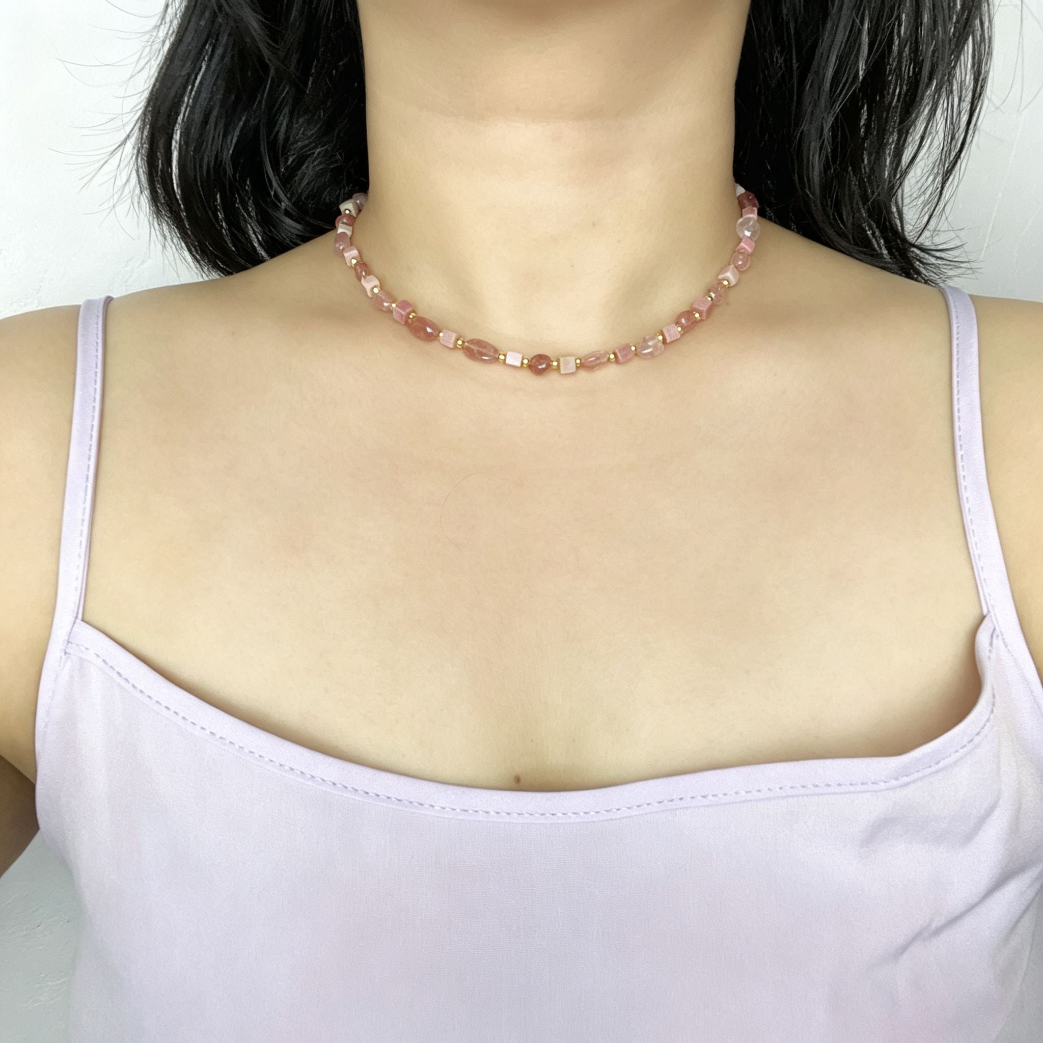 Handmade Strawberry Quartz Mixed Shape Bead Choker Necklace | Pink Natural Stone Gold Spacer