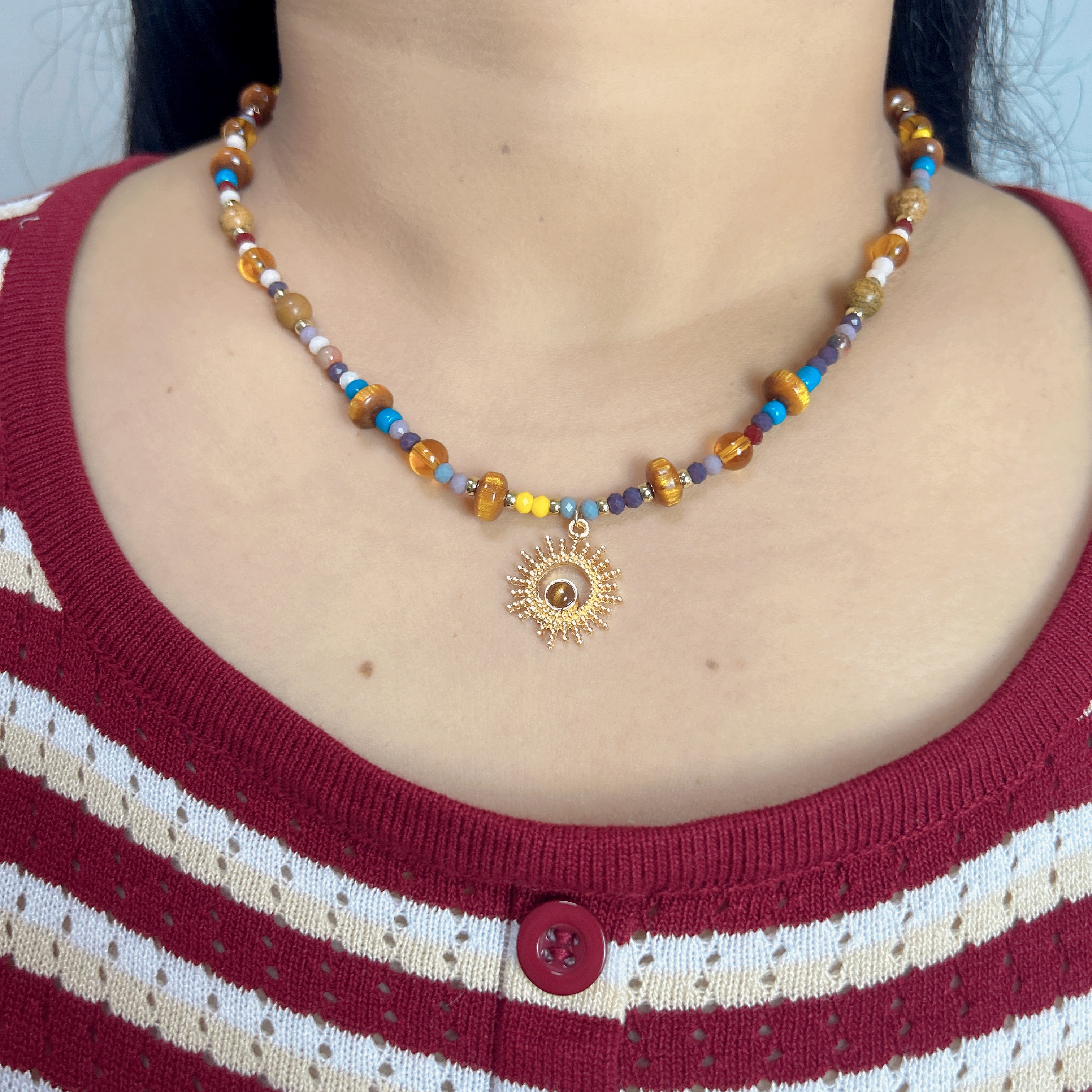 Handmade Colorful Mixed Bead Necklace | Gold Sunburst Pendant Boho Jewelry
