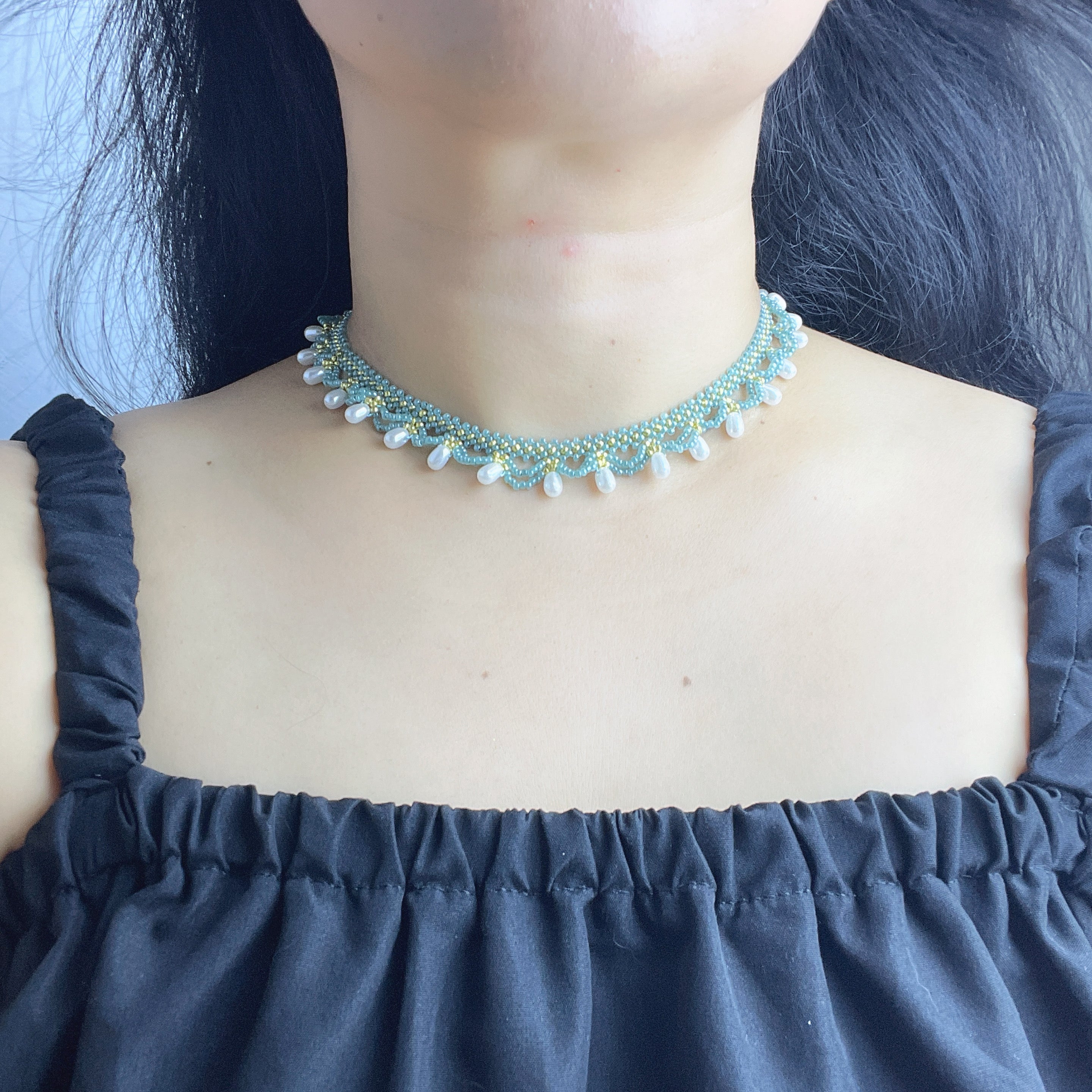 Handmade Teal & Yellow-Green Wave Lace Beaded Choker Necklace | Freshwater Pearl Drop Fringe Ocean Boho Collar