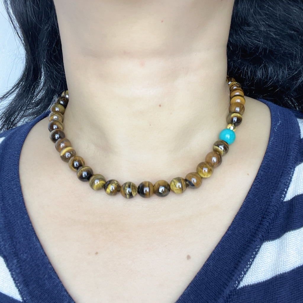 Handmade Tiger Eye & Turquoise Bead Choker Necklace | Natural Stone Gold Spacer Jewelry