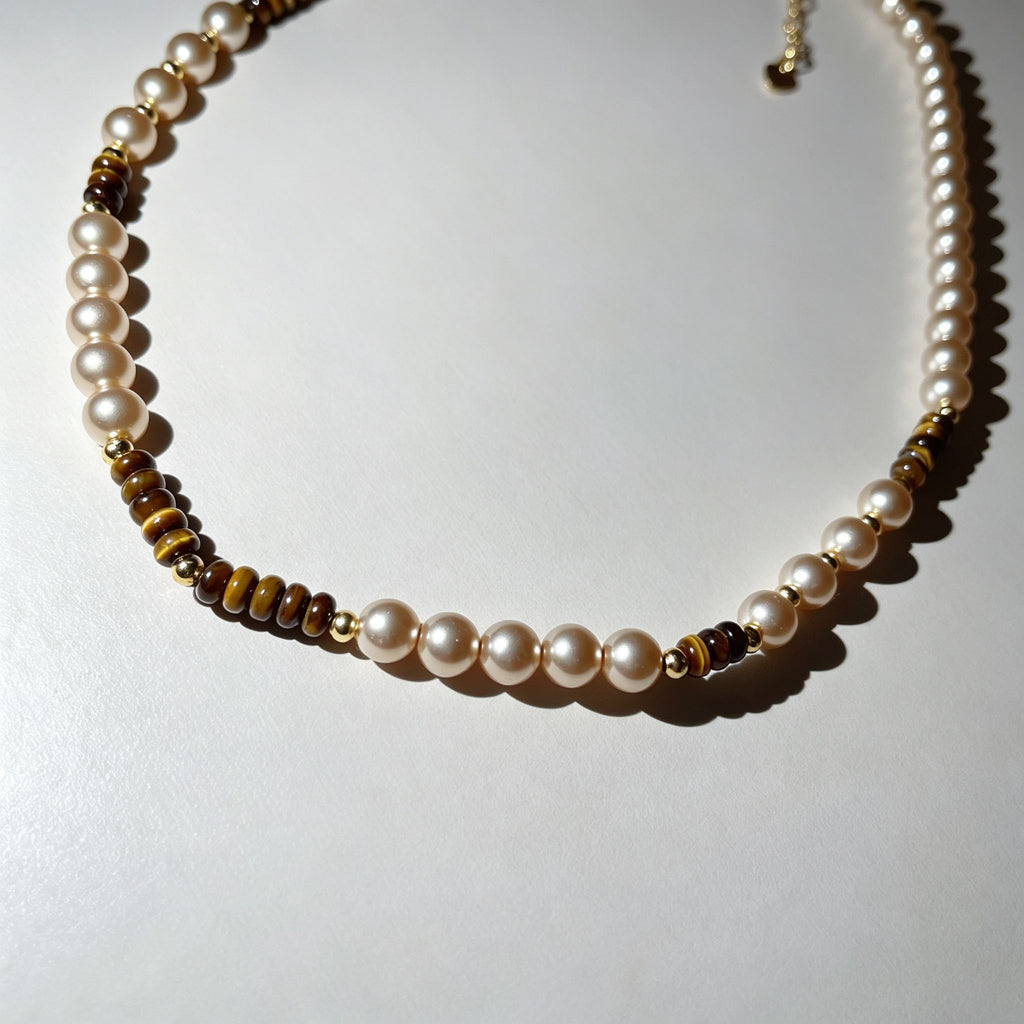 Handmade Pearl & Tiger Eye Disc Choker Necklace | Gold Spacer Elegant Natural Stone Jewelry