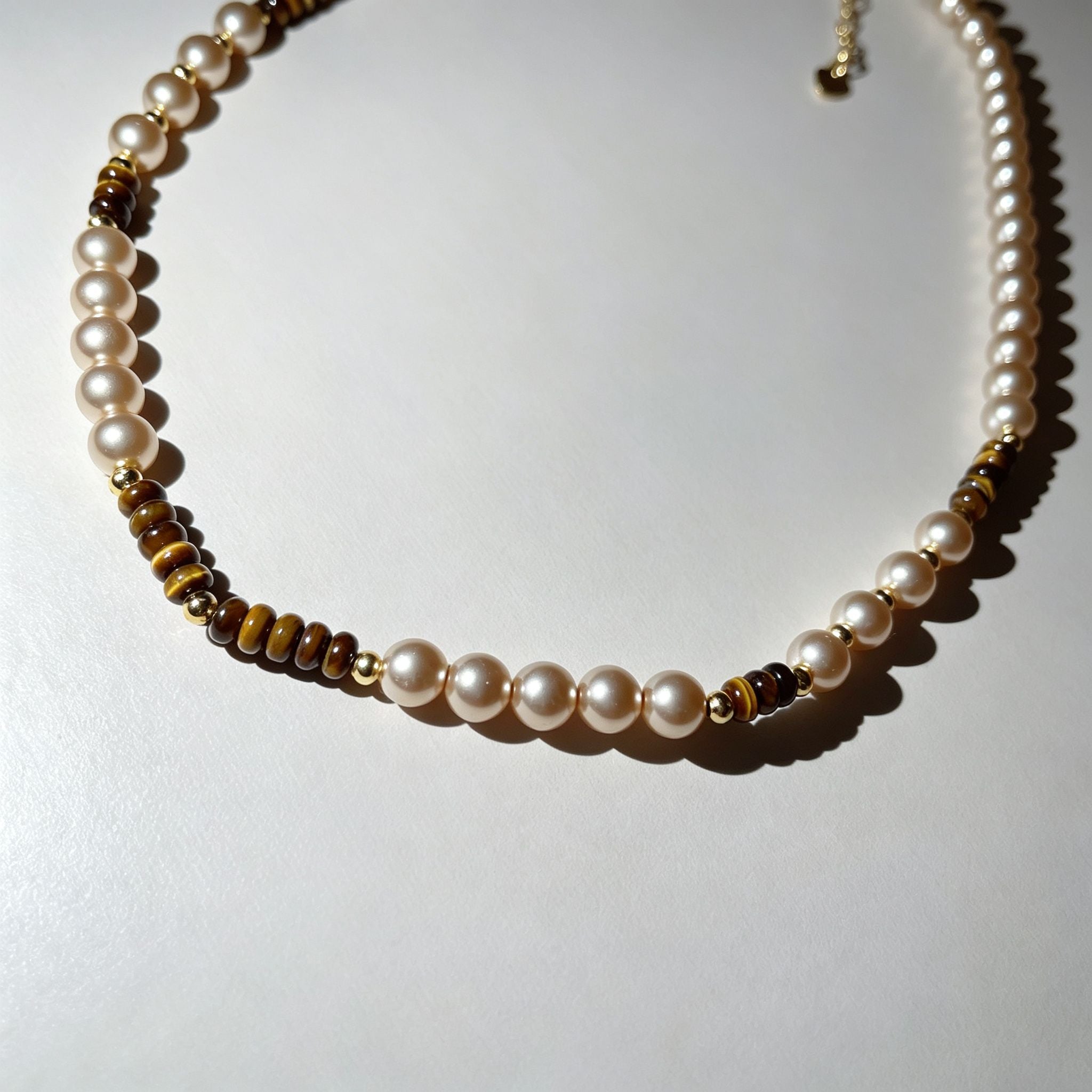 Handmade Pearl & Tiger Eye Disc Choker Necklace | Gold Spacer Elegant Natural Stone Jewelry