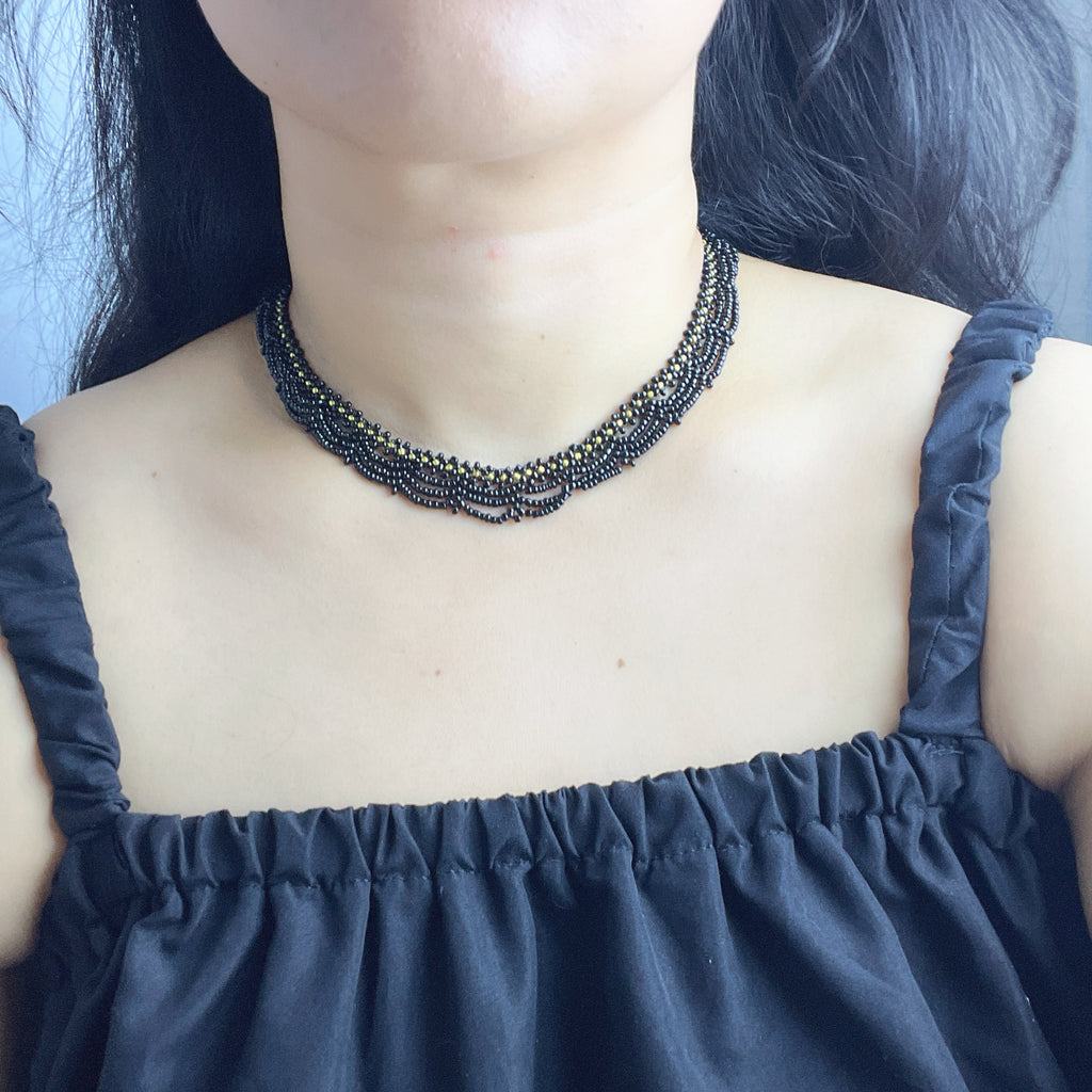 Handmade Black & Olive Green Multi-Strand Drape Wave Beaded Choker Necklace | Gothic Vintage Luxe Statement Collar