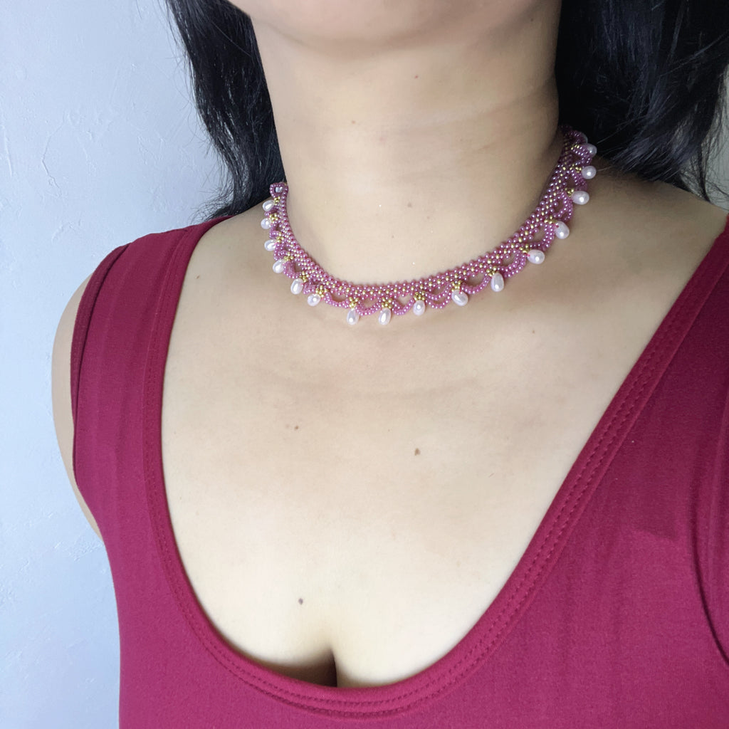 Handmade Rose Pink & Gold Wave Lace Beaded Choker Necklace | Freshwater Pearl Drop Fringe Romantic Collar