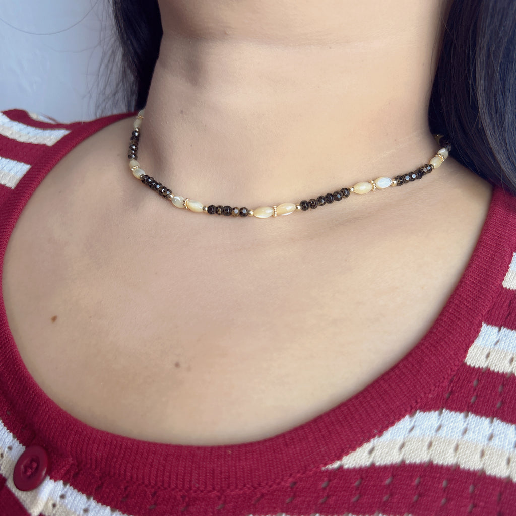 Handmade Smoky Quartz & Cream Shell Pearl Choker Necklace | Gold Spacer Natural Stone Elegant Collar