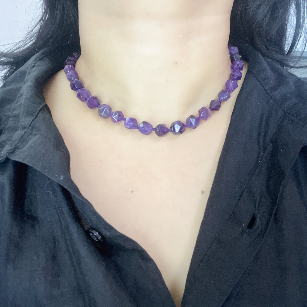 Handmade Deep Purple Amethyst Star-Cut Beaded Choker Necklace | Natural Gemstone Faceted Crystal Collar