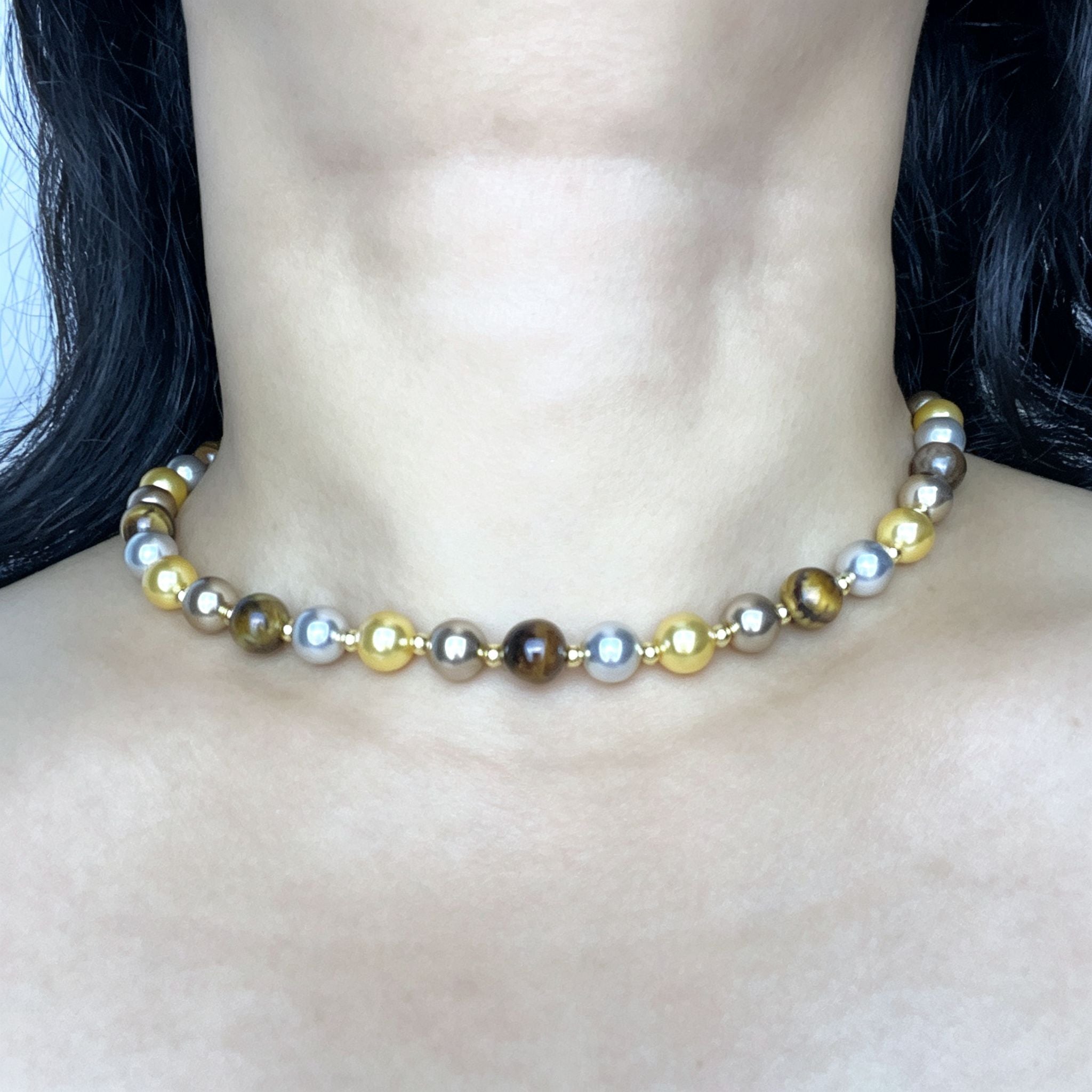 Handmade Gold Silver & Bronze Mixed Metallic Pearl Choker Necklace | Multi-Tone Luxe Beaded Collar