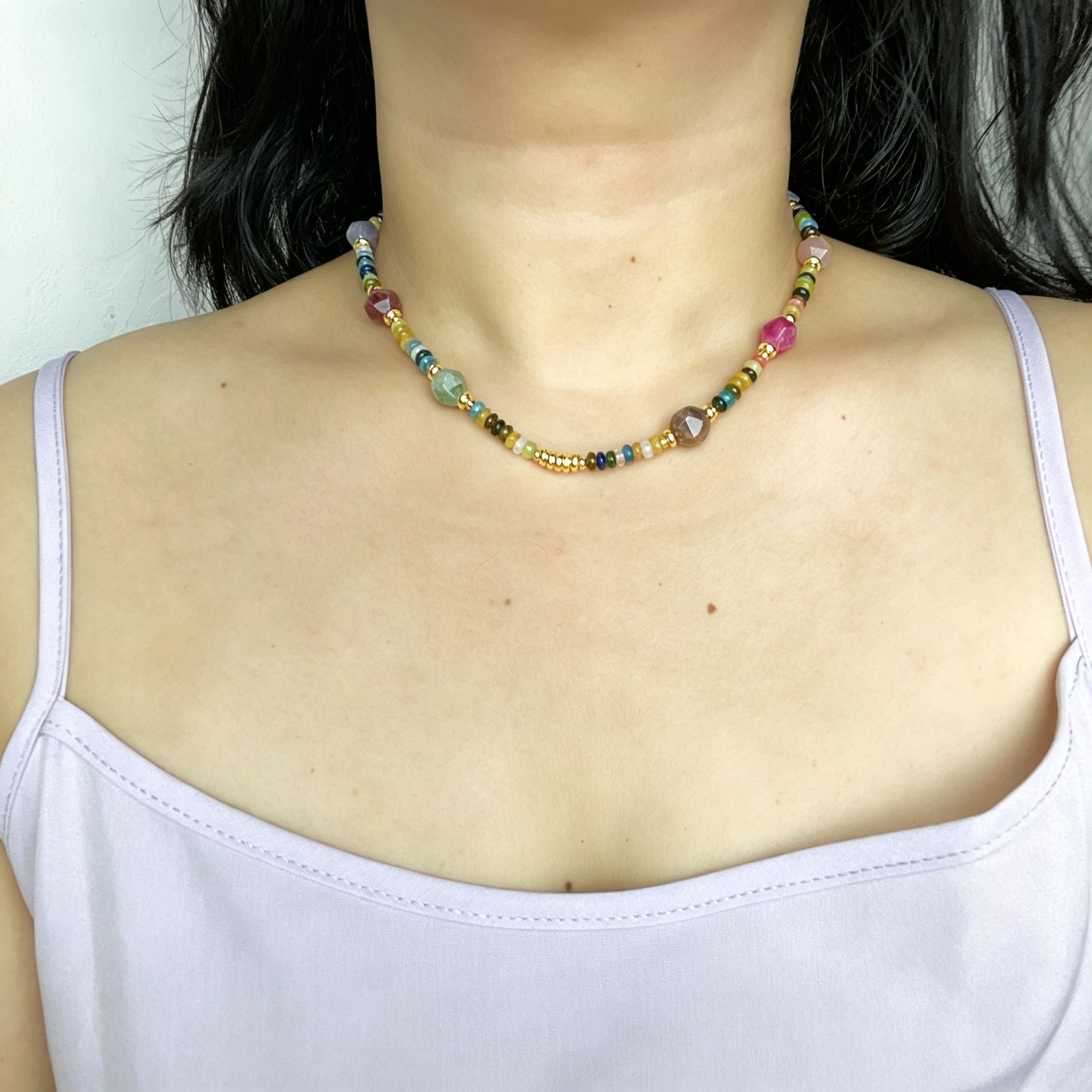Handmade Multicolor Natural Stone Beaded Necklace | Agate Jasper Faceted Gem Gold Spacer Boho