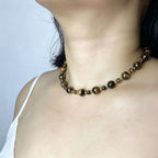 Handmade Graduated Tiger Eye Bead Choker Necklace | Natural Stone Gold Spacer