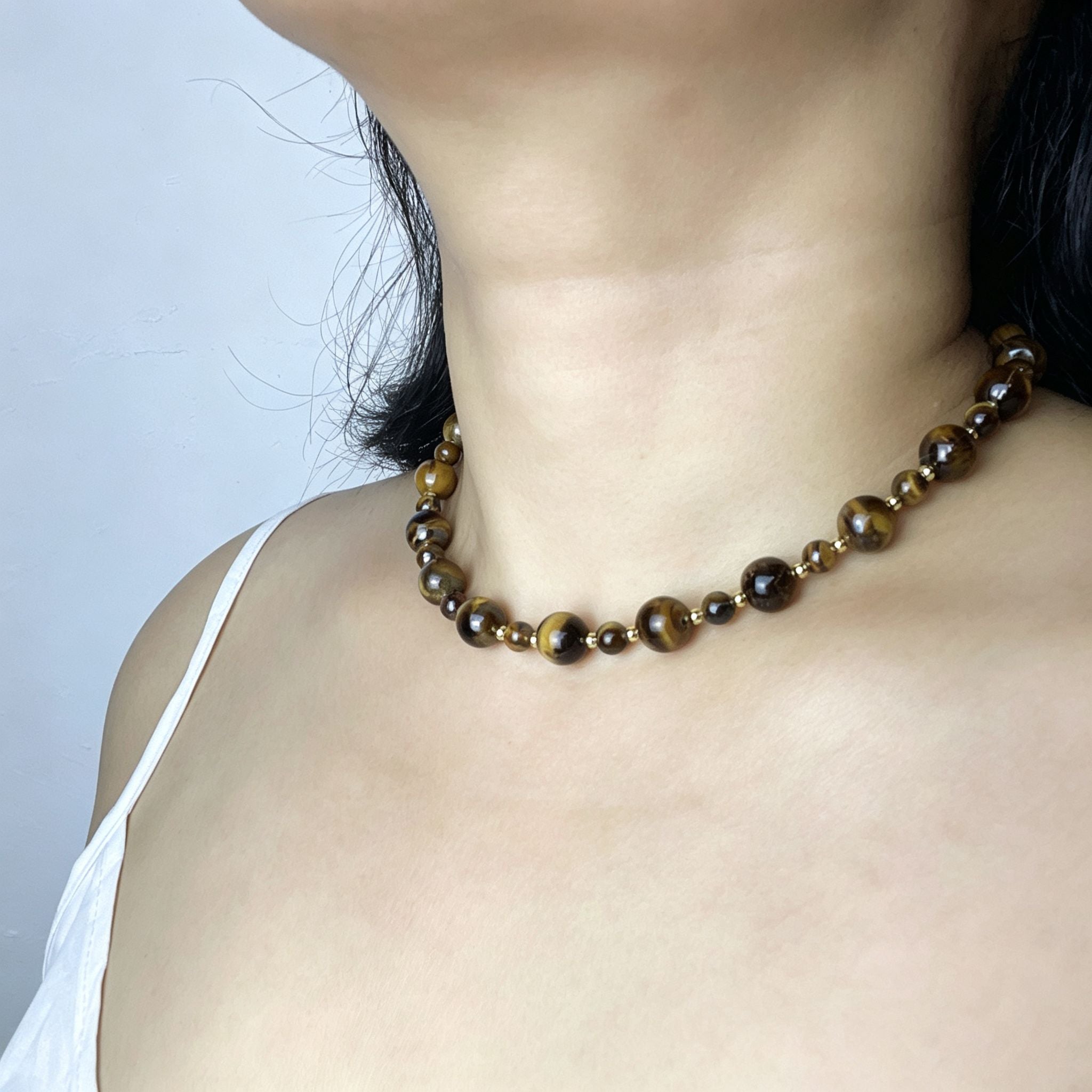 Handmade Graduated Tiger Eye Bead Choker Necklace | Natural Stone Gold Spacer