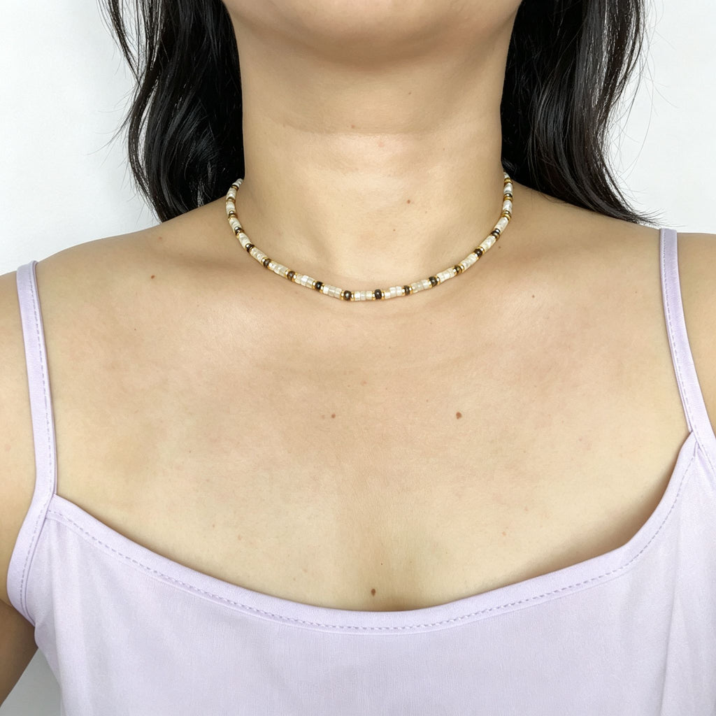 Handmade Cream Seed Bead & Gold Metal Bead Choker Necklace | Minimalist Everyday Jewelry
