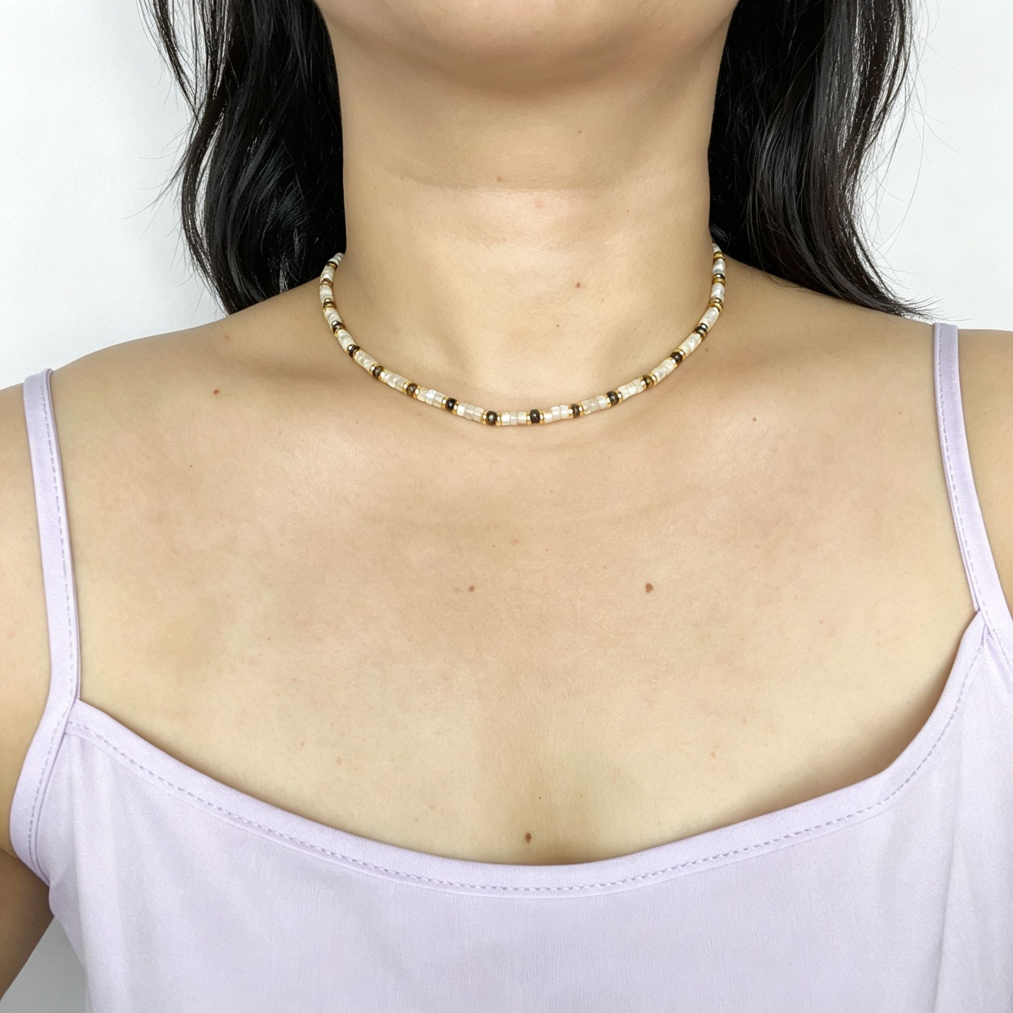 Handmade Cream Seed Bead & Gold Metal Bead Choker Necklace | Minimalist Everyday Jewelry