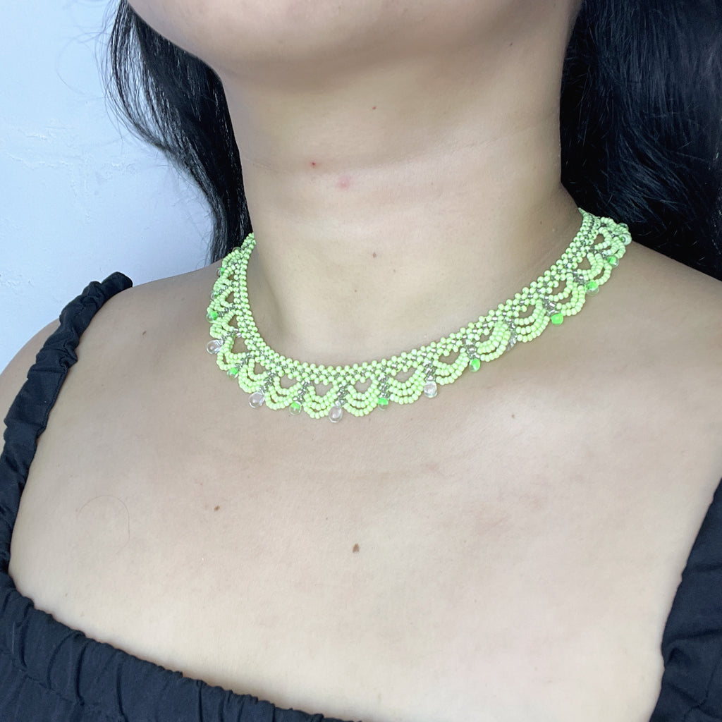 Handmade Apple Green & White Multi-Layer Scallop Wave Lace Beaded Choker Necklace | Bead Drop Fringe Spring Cottagecore Collar