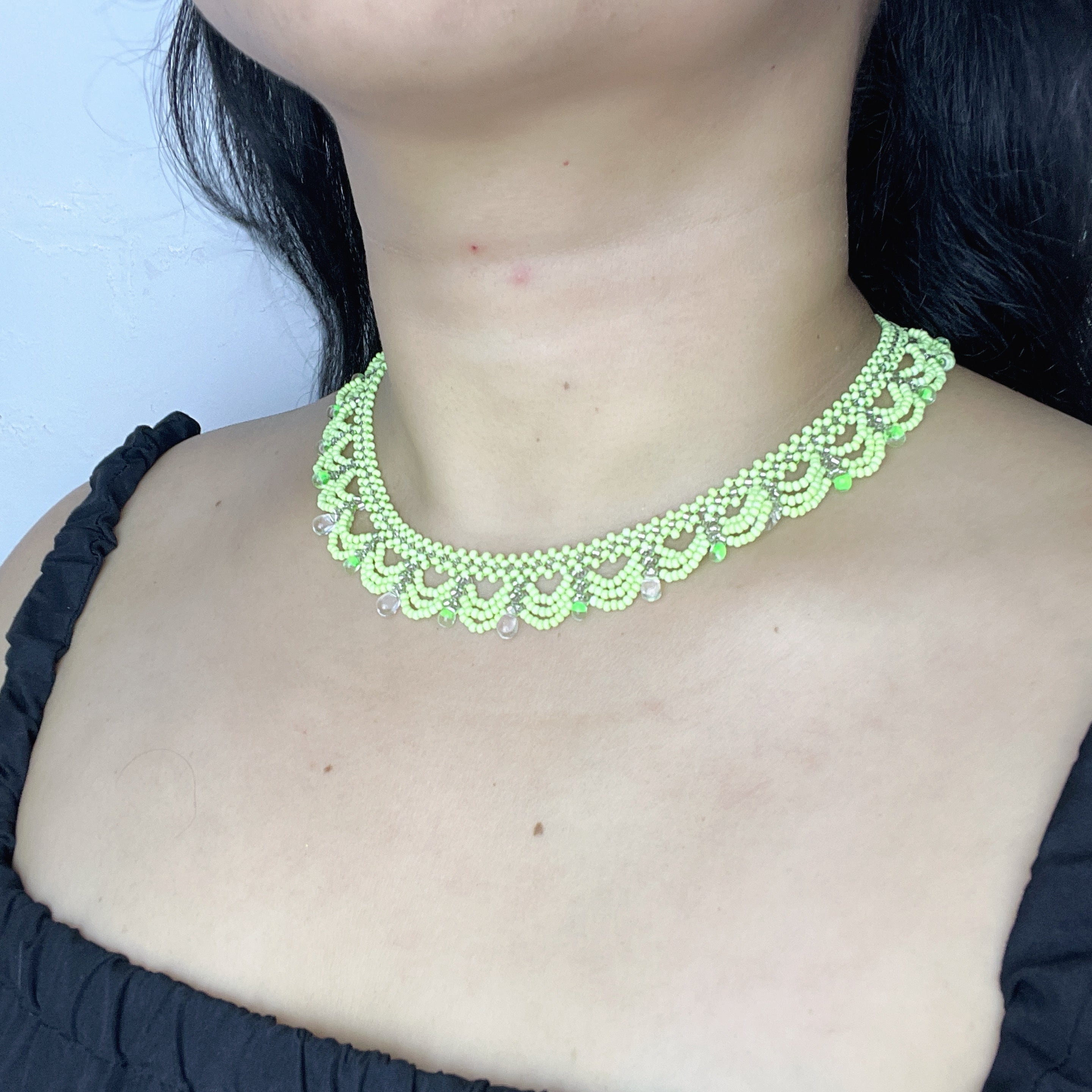 Handmade Apple Green & White Multi-Layer Scallop Wave Lace Beaded Choker Necklace | Bead Drop Fringe Spring Cottagecore Collar