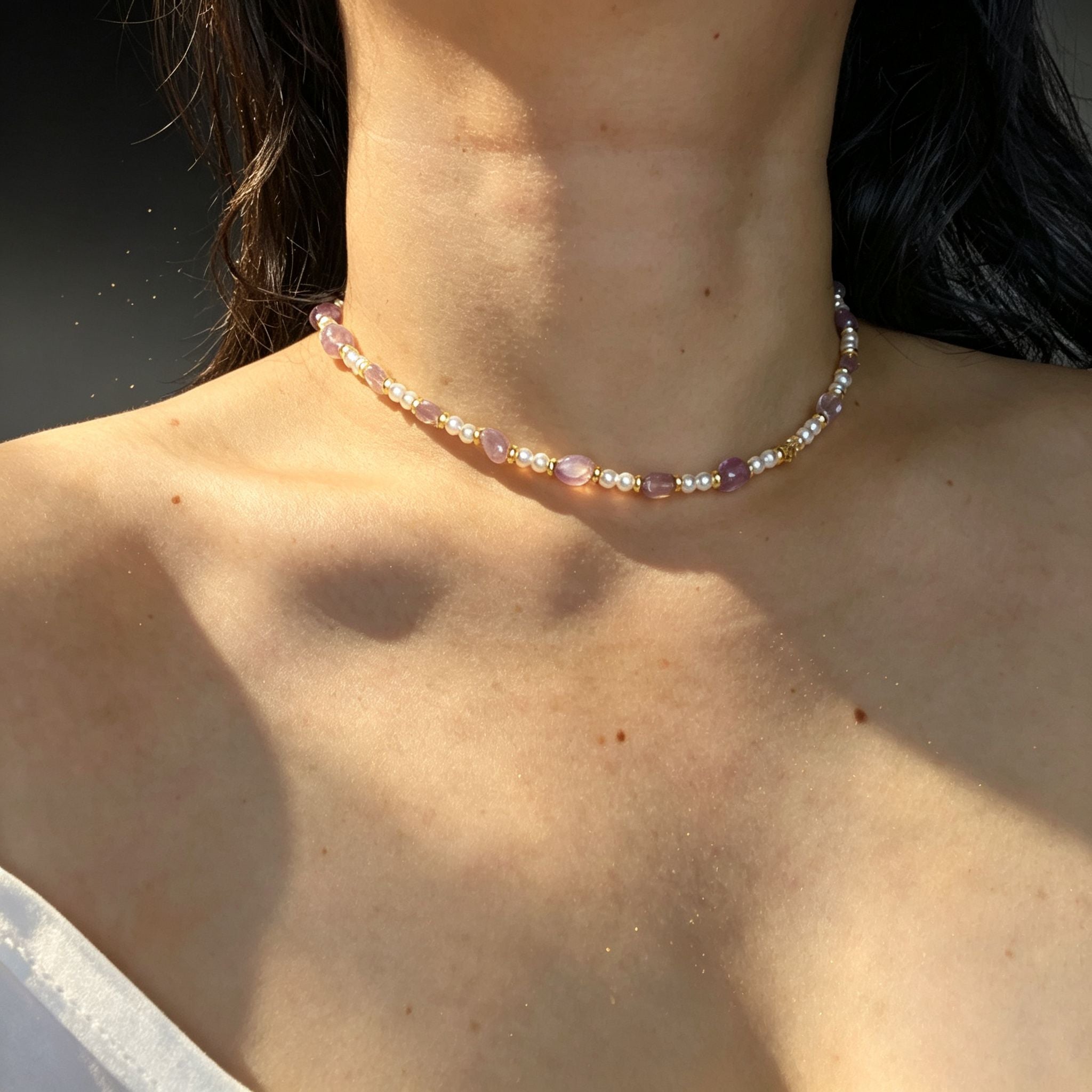 Handmade Amethyst Tumbled Stone & Pearl Choker Necklace | Gold Spacer Natural Stone Jewelry