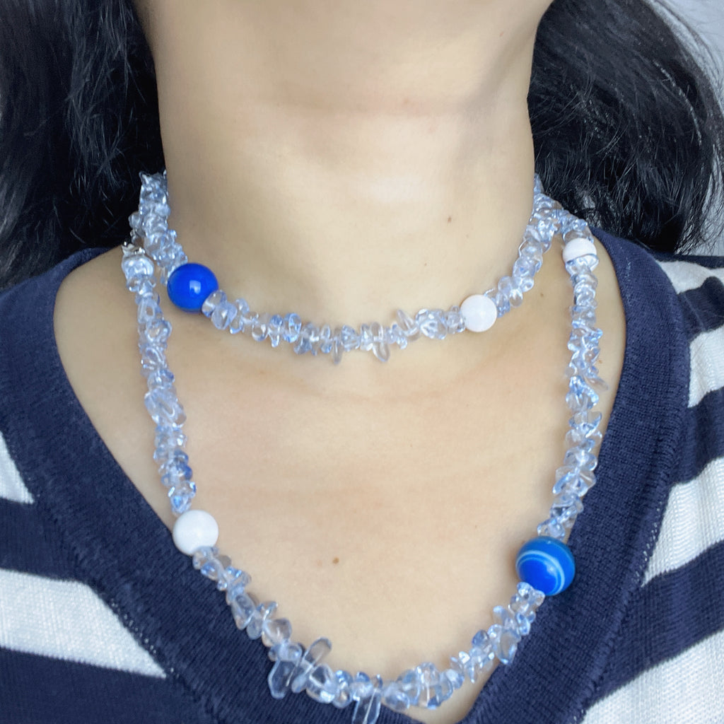 Handmade Crystal Chip & Blue Agate Bead Long Necklace | Wrap Choker Style