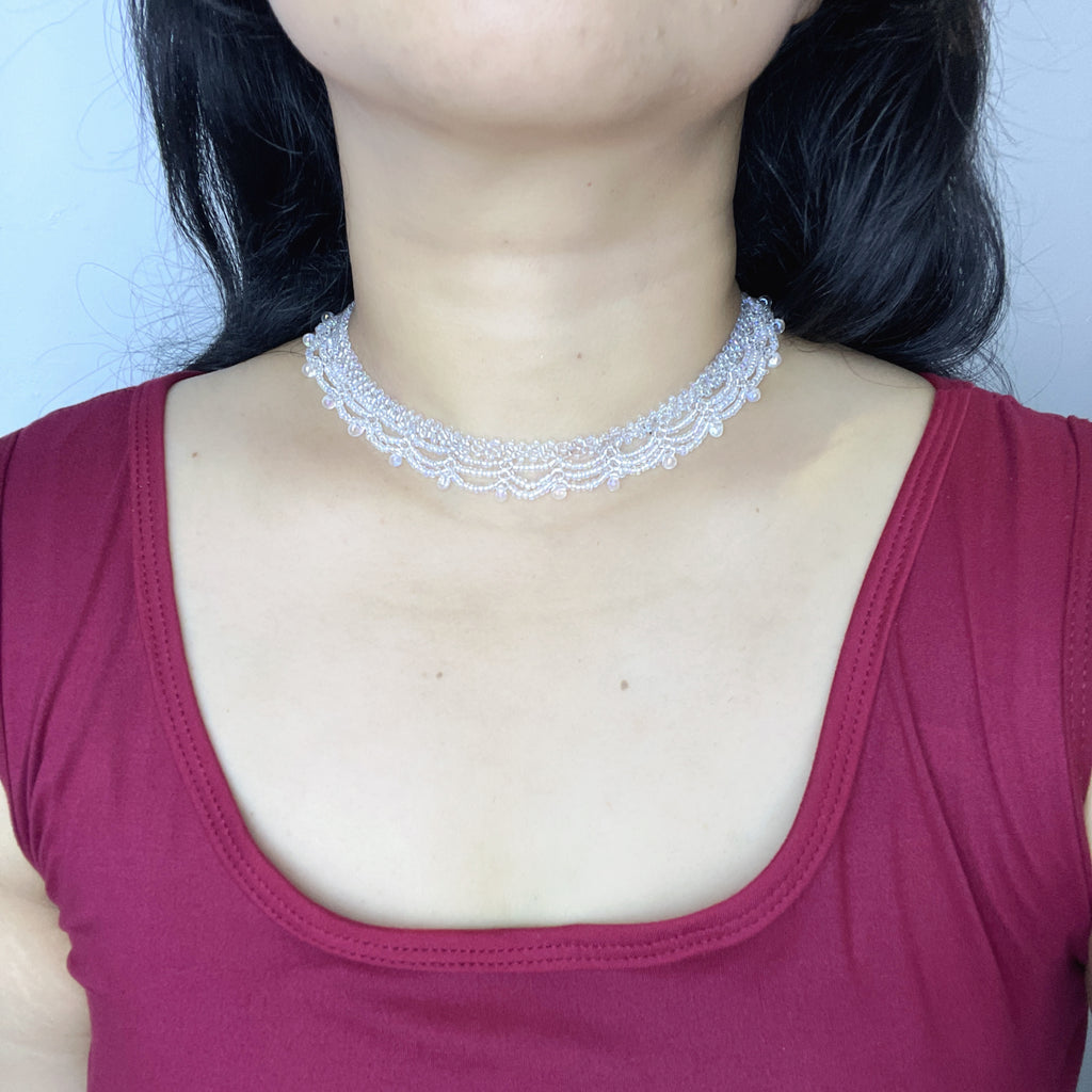 Handmade All White Multi-Layer Scallop Wave Lace Beaded Choker Necklace | Bridal Wedding Fairycore Collar