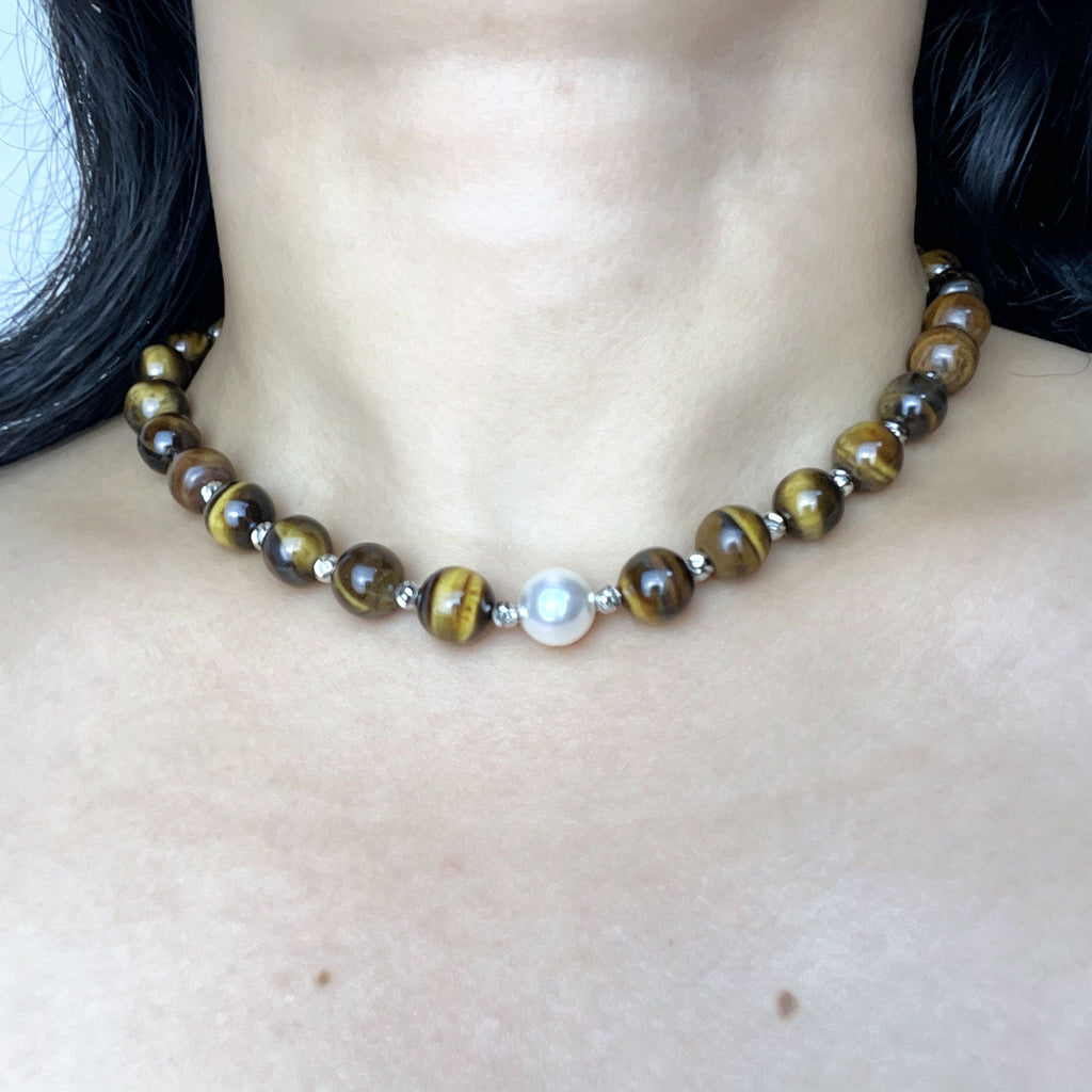 Handmade Tiger Eye Choker Necklace with Baroque Pearl Focal | Silver Spacer Natural Stone