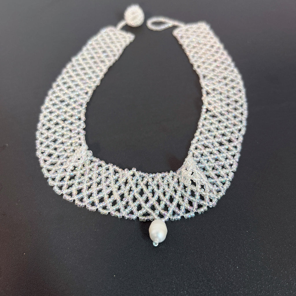 Handmade White Transparent Diamond Mesh Beaded Choker Necklace | Heart Pearl Drop Y2K Minimalist Collar