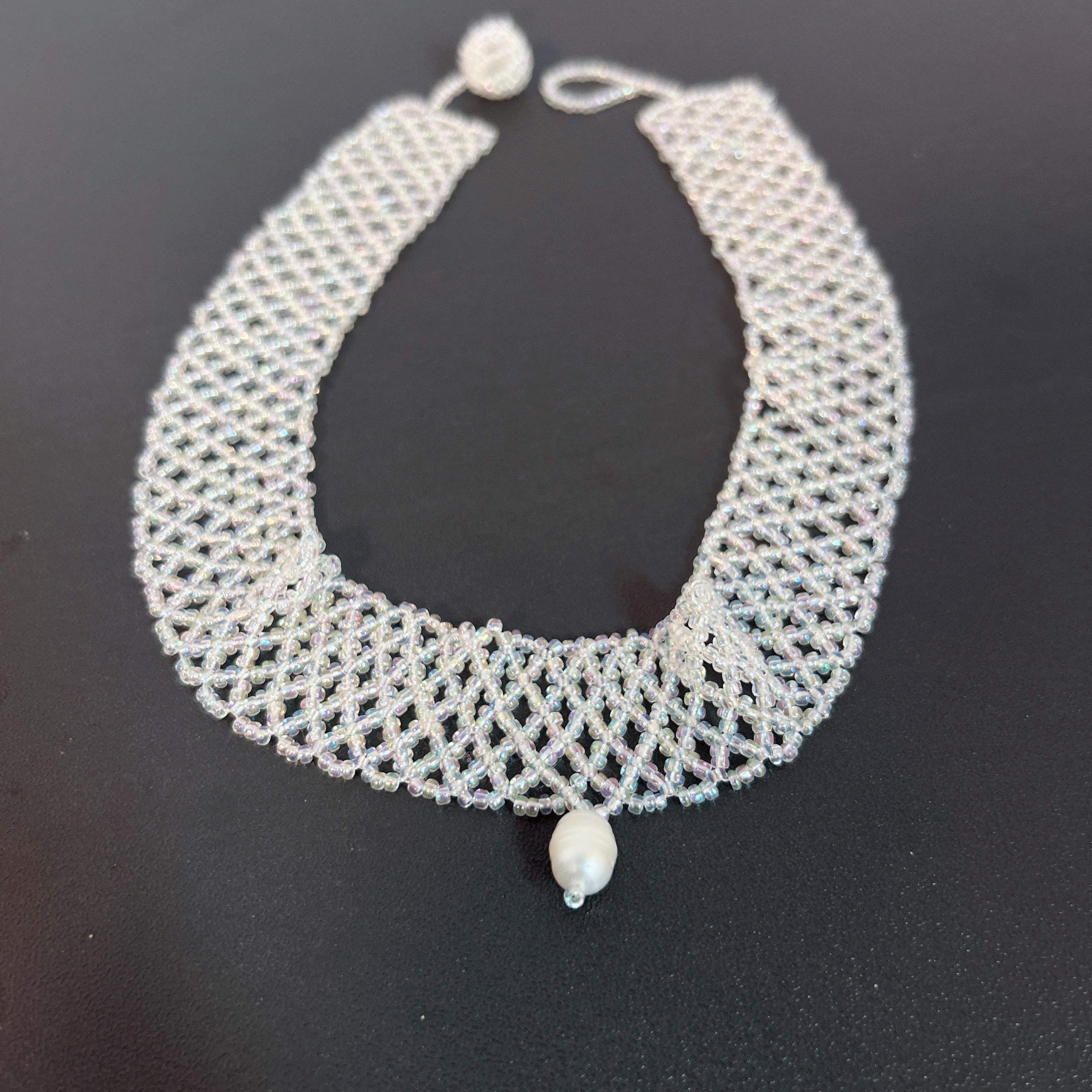 Handmade White Transparent Diamond Mesh Beaded Choker Necklace | Heart Pearl Drop Y2K Minimalist Collar