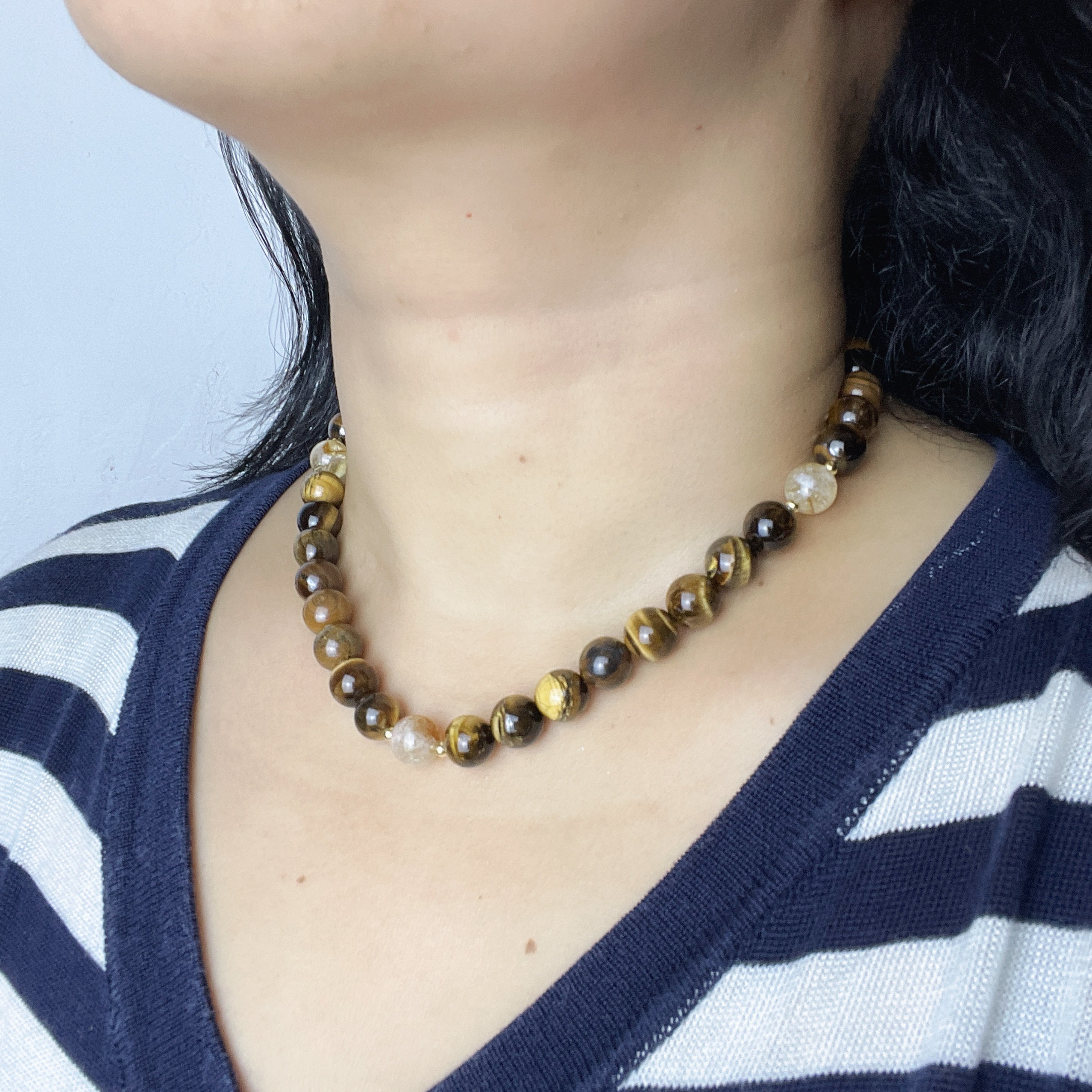 Handmade Tiger Eye Stone & Freshwater Pearl Beaded Necklace | Gold Brown Natural Stone Silver Spacer