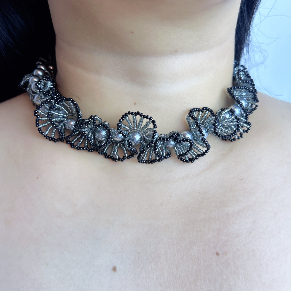 Handmade Black & Silver 3D Fan Flower Garland Choker Necklace | Pearl Center Gothic Luxe Statement Collar