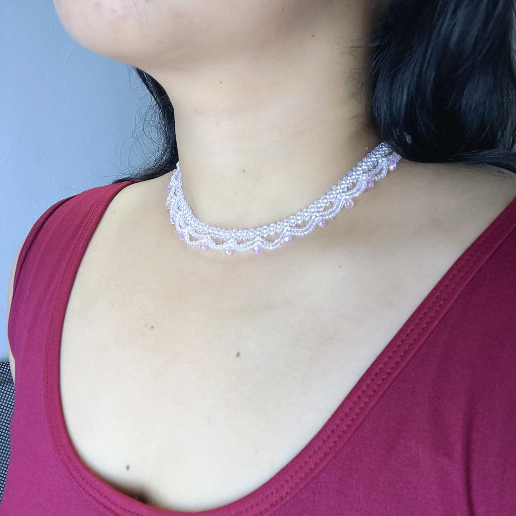 Handmade White & Blush Pink Lace Scallop Beaded Choker Necklace | Bridal Seed Bead Collar
