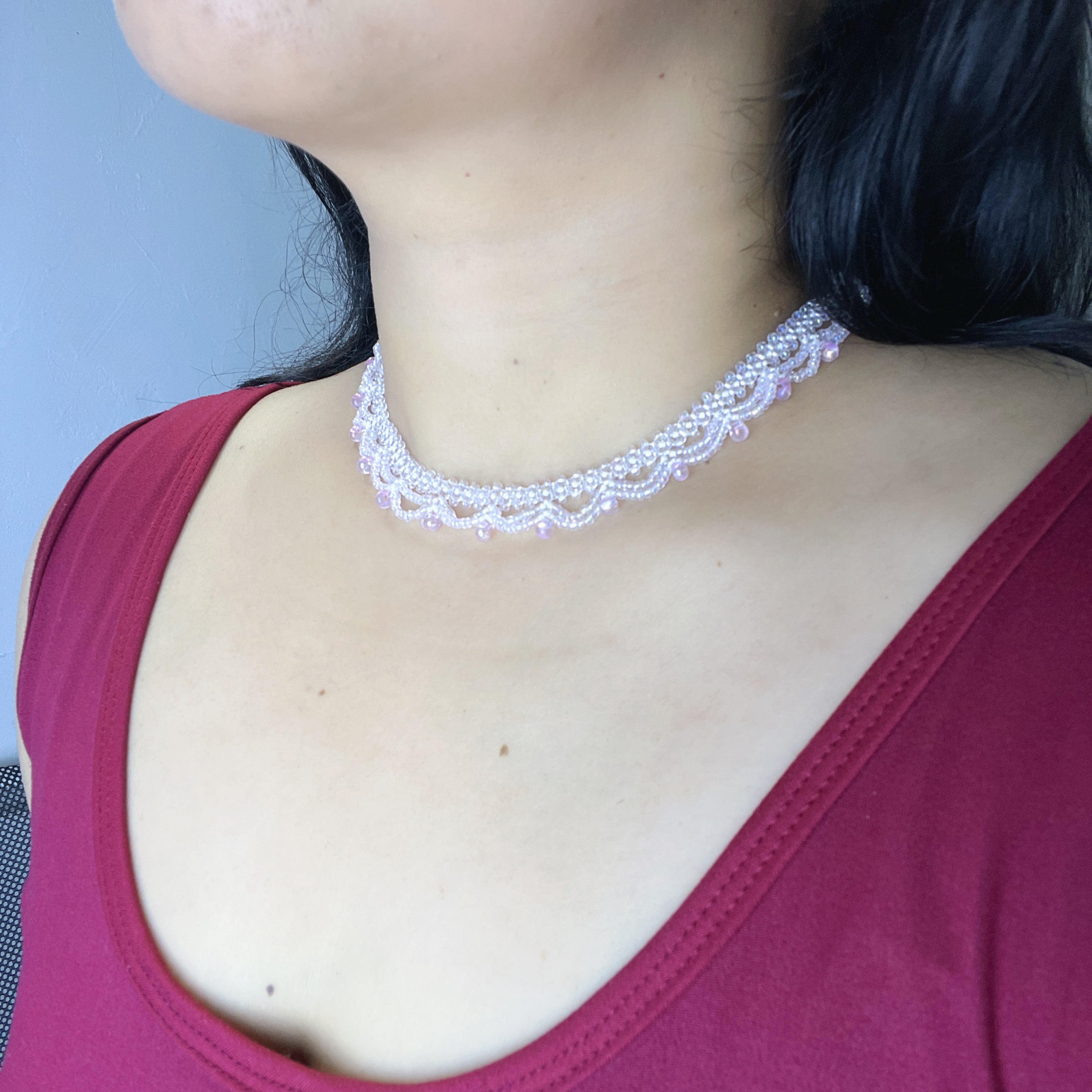 Handmade White & Blush Pink Lace Scallop Beaded Choker Necklace | Bridal Seed Bead Collar