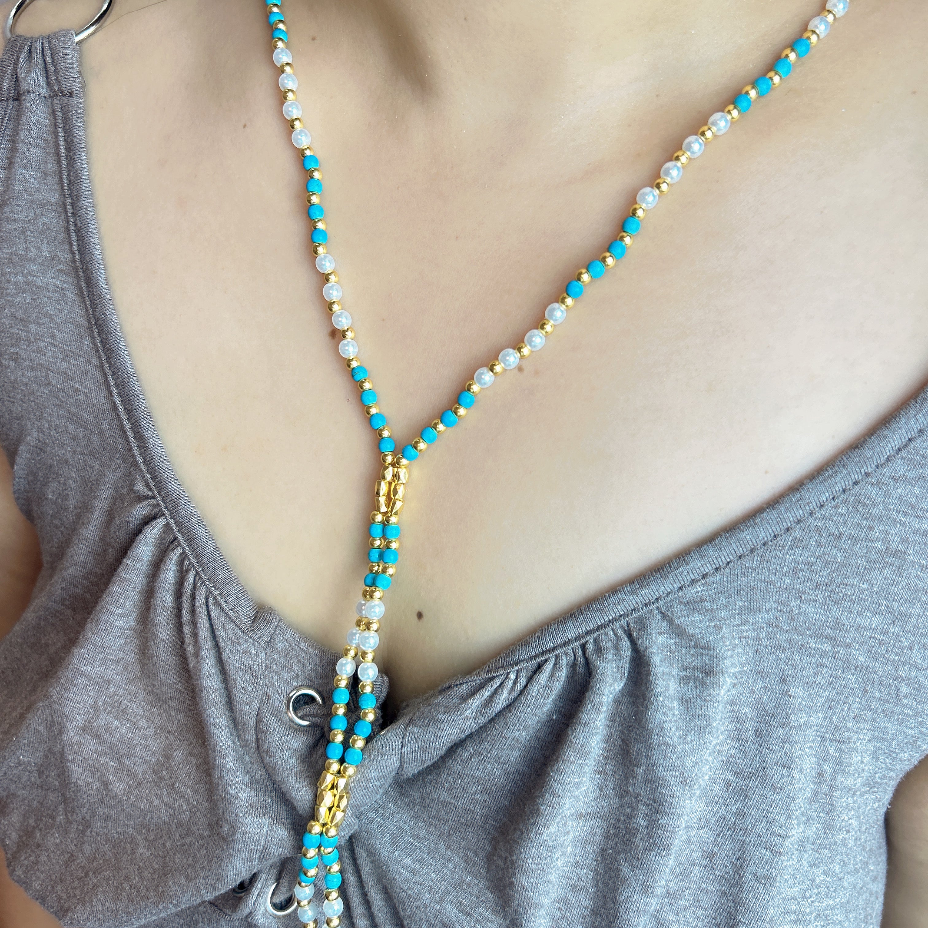 Handmade Turquoise Pearl & Gold Beaded Y-Lariat Necklace | Adjustable Slider Boho Summer Jewelry