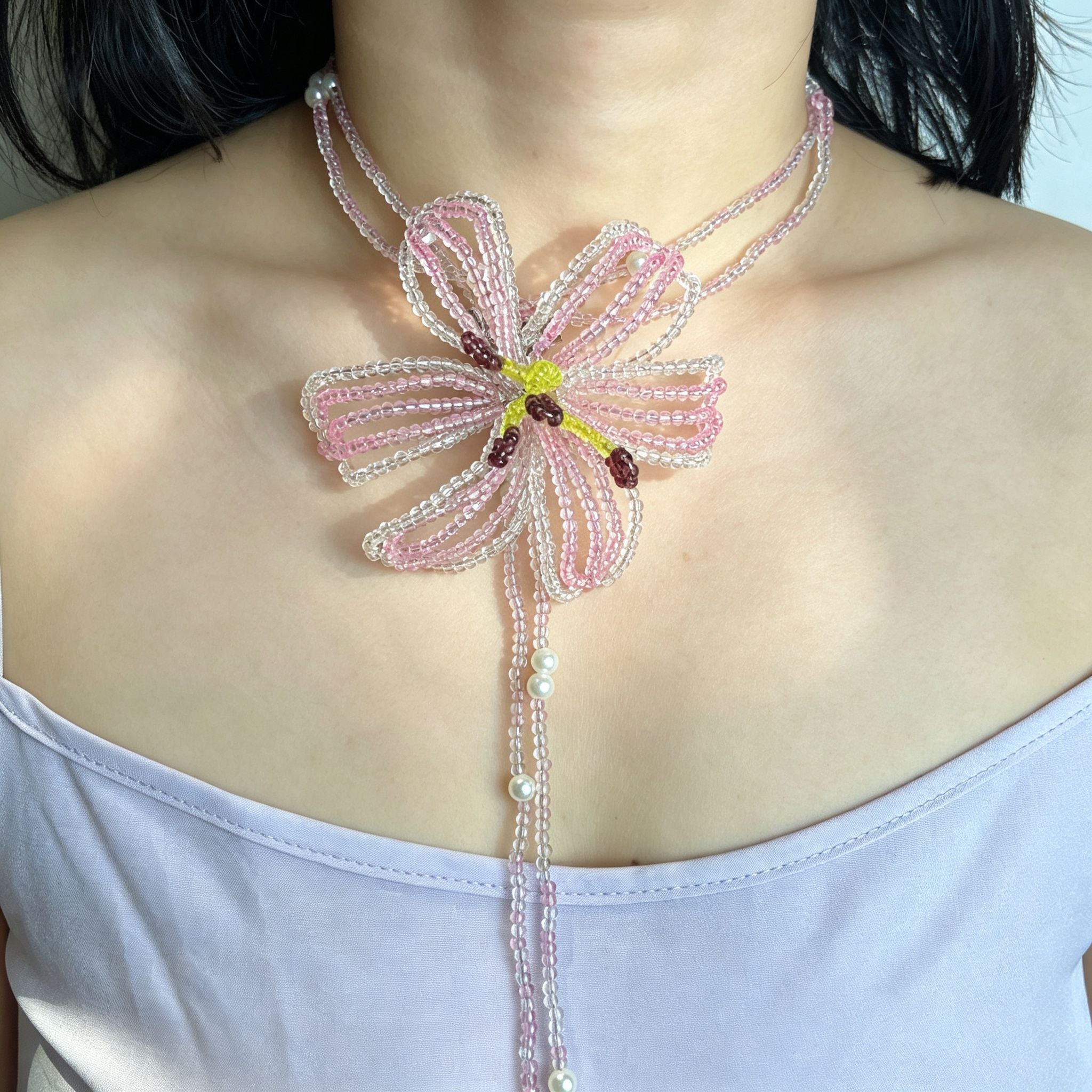 Handmade 3D Pink Hibiscus Flower Beaded Choker Necklace | Asymmetric Pearl Tassel Drop Fairycore Statement