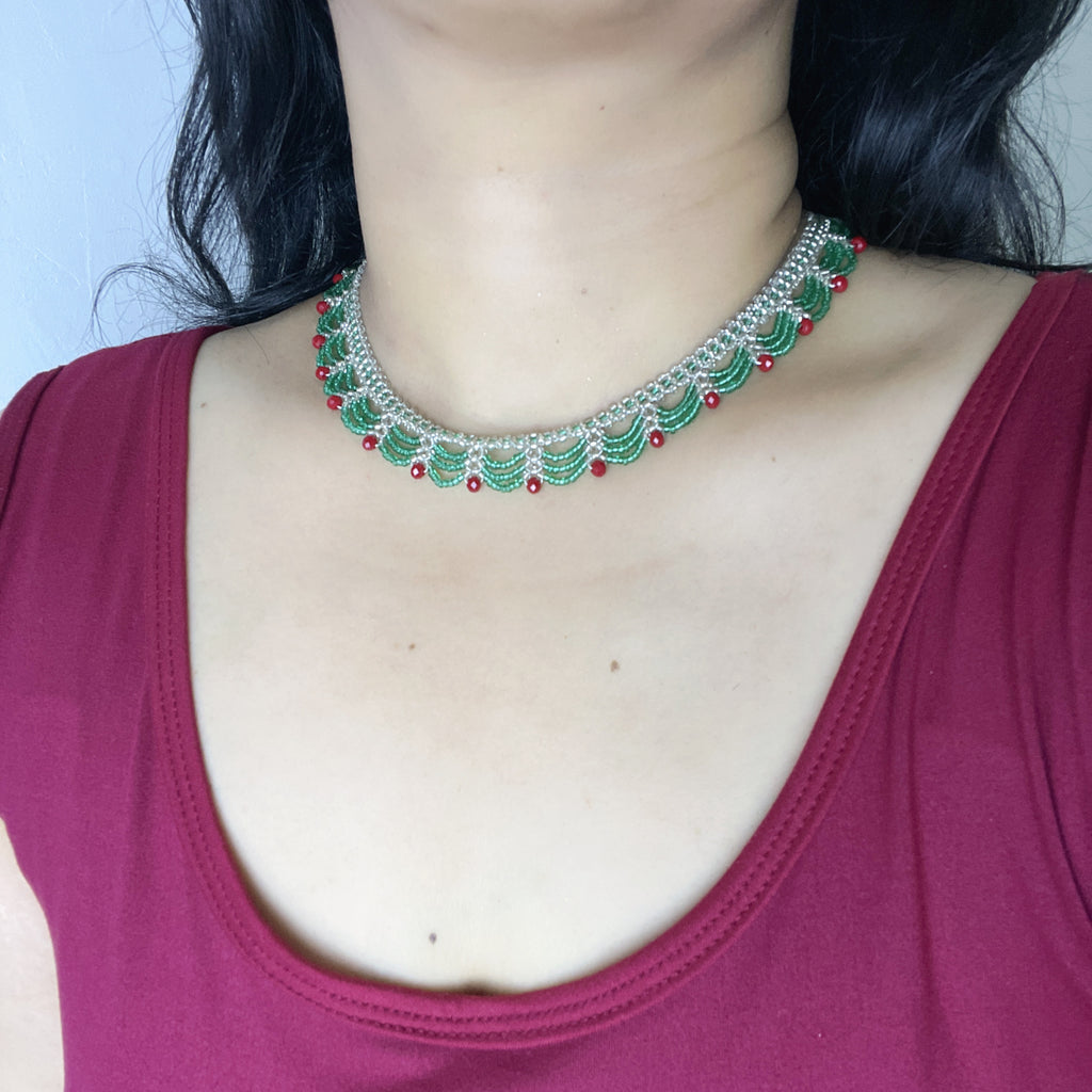 Handmade Silver & Emerald Green Scallop Beaded Choker Necklace | Red Crystal Accent Festive Statement Collar