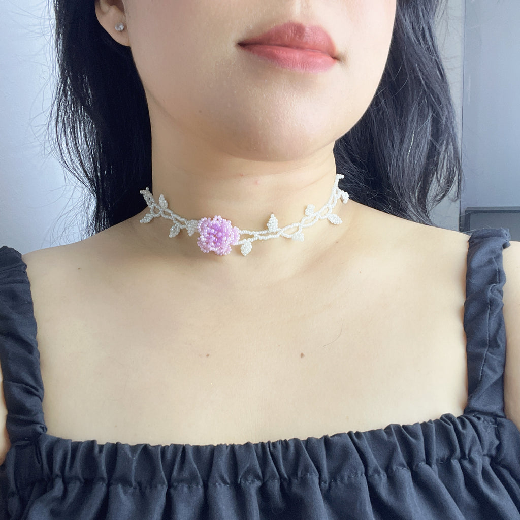 Handmade White Vine & Leaf Beaded Choker Necklace | 3D Pink Hydrangea Rose Center Fairycore Bridal Collar